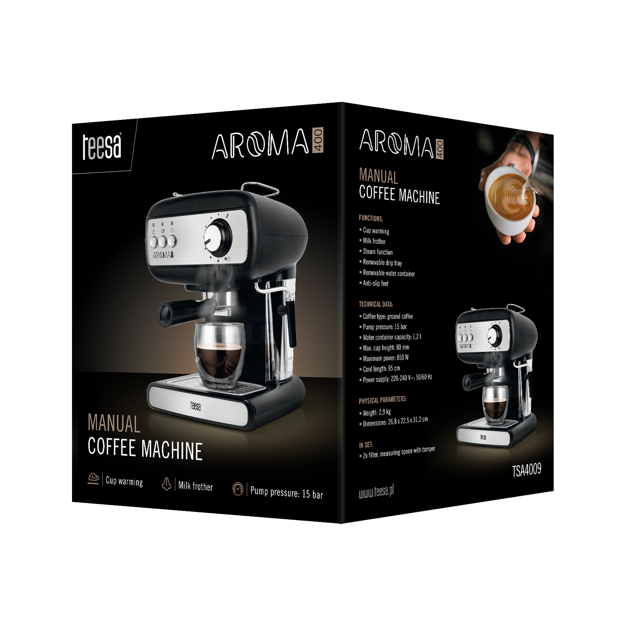 Broszura produktu czarnego ekspresu ciśnieniowego Teesa AROMA 400 ze specyfikacją.