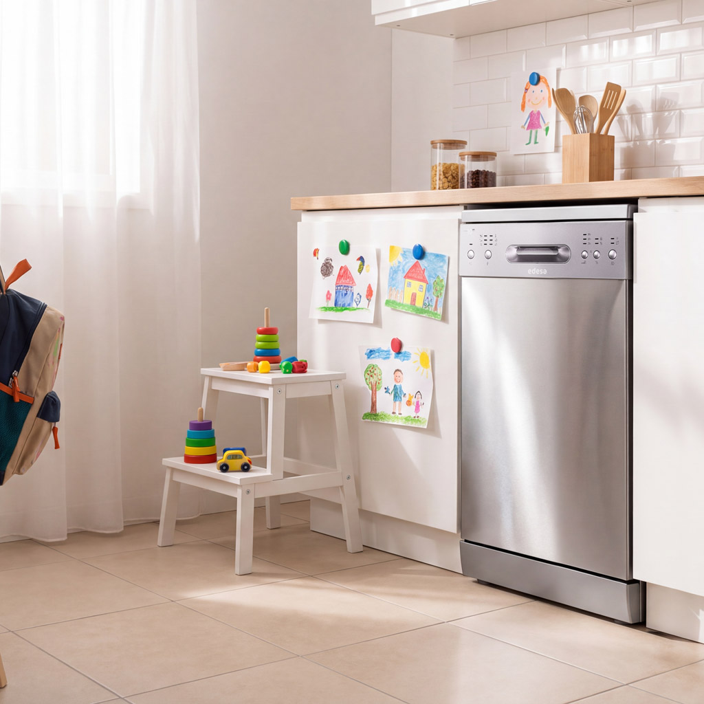 Cocina moderna con lavavajillas, juguetes infantiles en un taburete blanco y dibujos de niños en el armario.