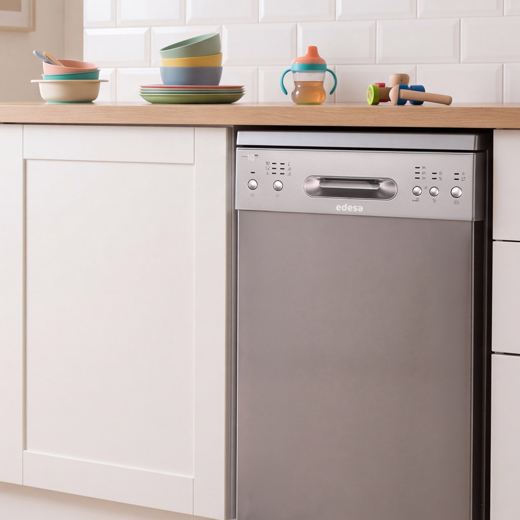Lavavajillas gris moderno en cocina blanca con encimera de madera, platos de colores y taza.