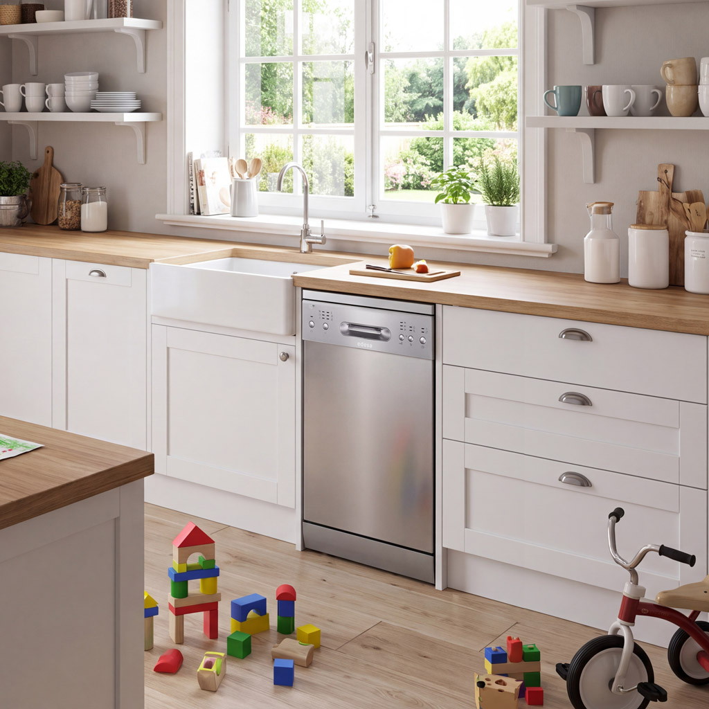 Una cocina moderna y luminosa con gabinetes blancos, encimeras de madera, un lavavajillas plateado, juguetes y una ventana.