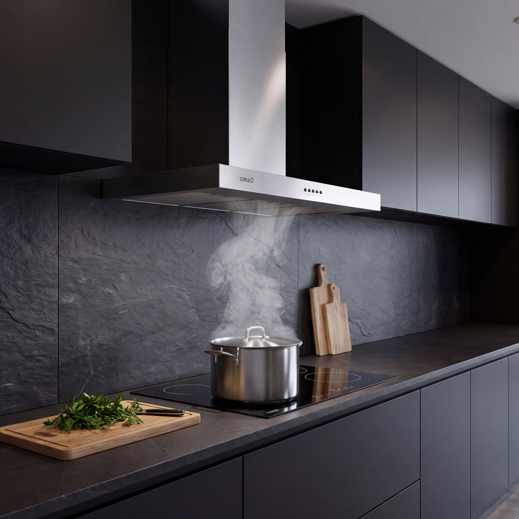 Una olla humeante en una estufa negra moderna en una cocina oscura, con campana extractora y hierbas.