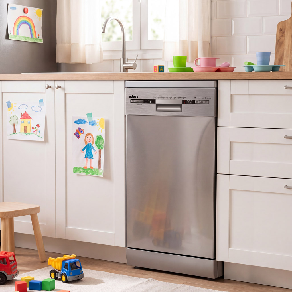 Un lavavajillas de acero inoxidable está integrado en muebles de cocina blancos. Hay dibujos y juguetes infantiles en el suelo.