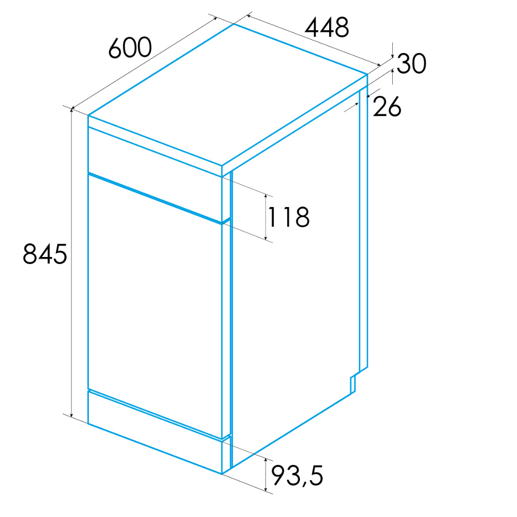 Dibujo lineal de un mueble de cocina con dimensiones en milímetros sobre fondo blanco.