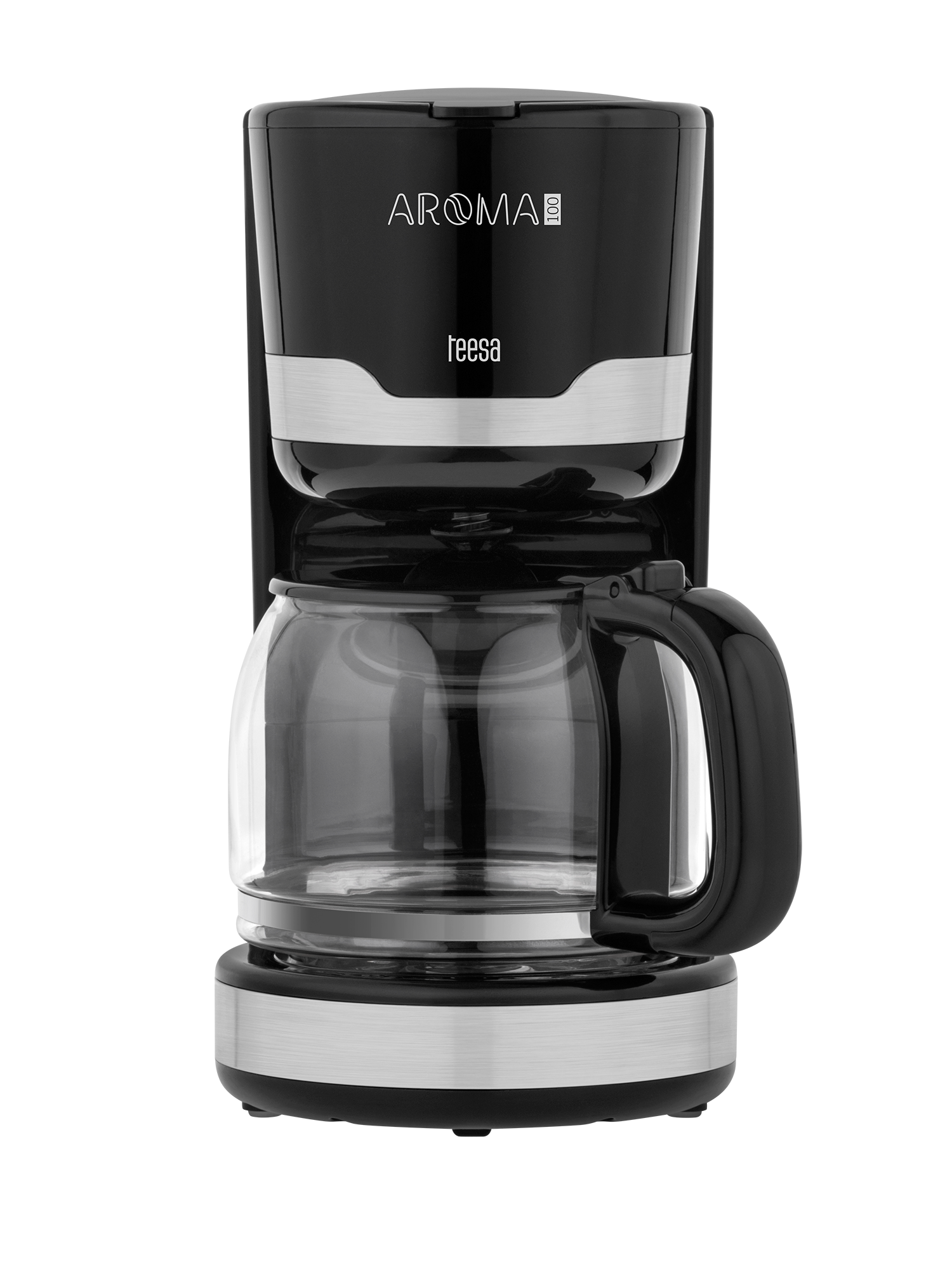 Caffettiera a filtro nera Teesa Aroma 100 con caraffa in vetro e dettagli argentati su sfondo nero.