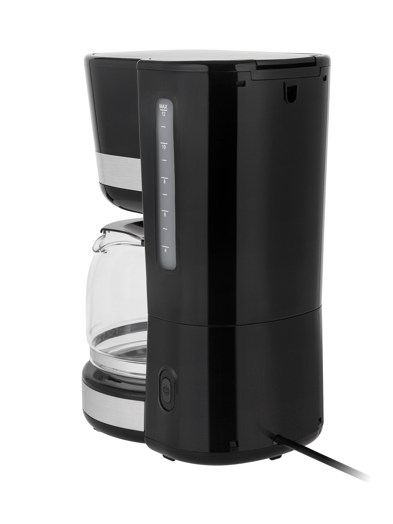 Una caffettiera a filtro nera con una caraffa in vetro su sfondo nero.