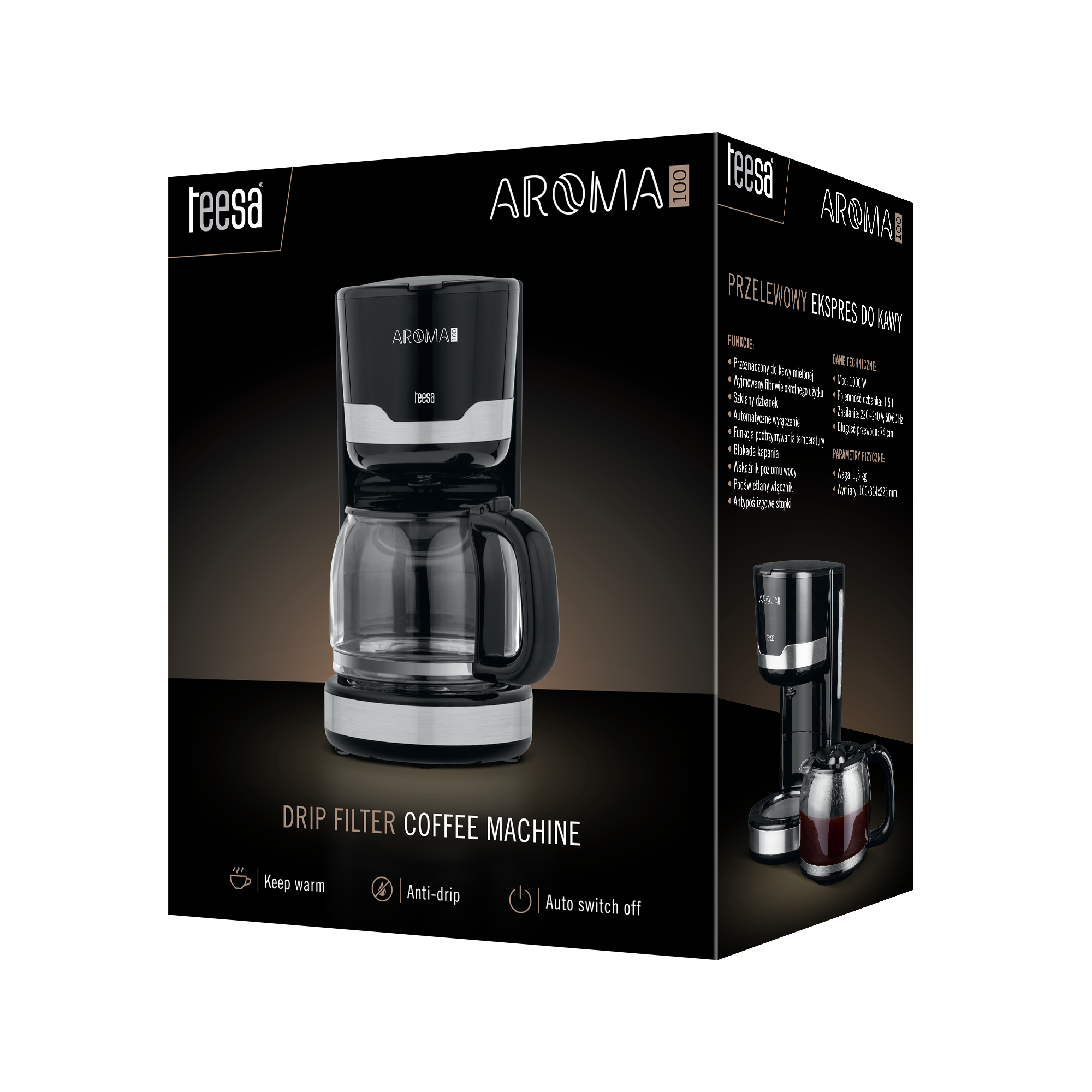 Macchina da caffè a filtro nera Teesa Aroma 100 sulla confezione su sfondo scuro.