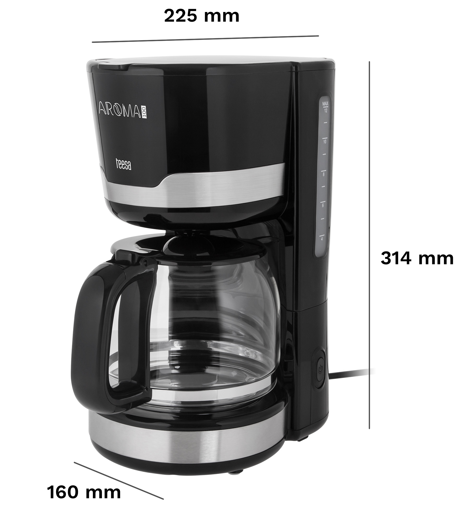 Caffettiera a filtro nera Teesa Aroma 100 con caraffa in vetro e dimensioni in mm.