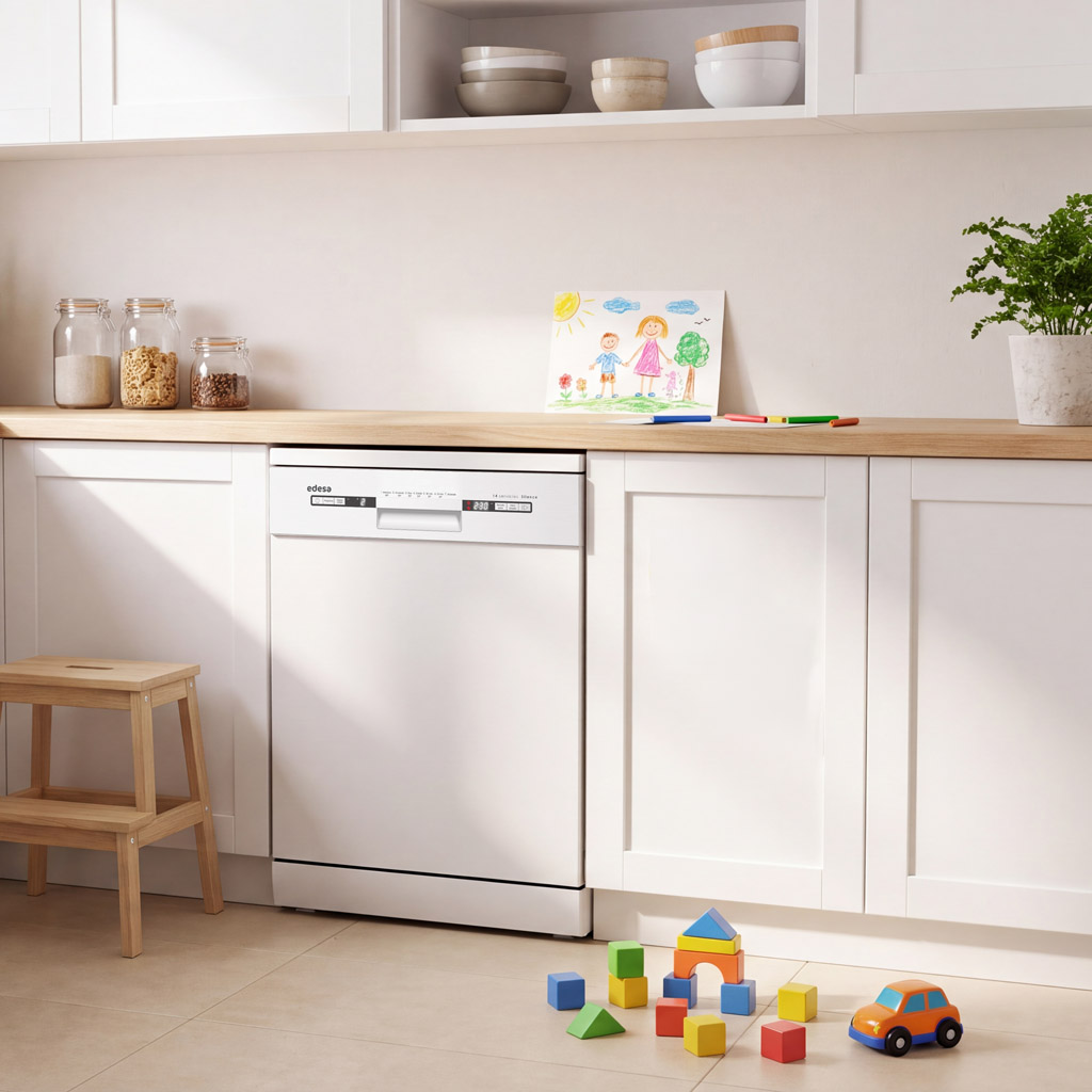 Un lavavajillas blanco en una cocina moderna con encimera de madera, un dibujo infantil y juguetes en el suelo.