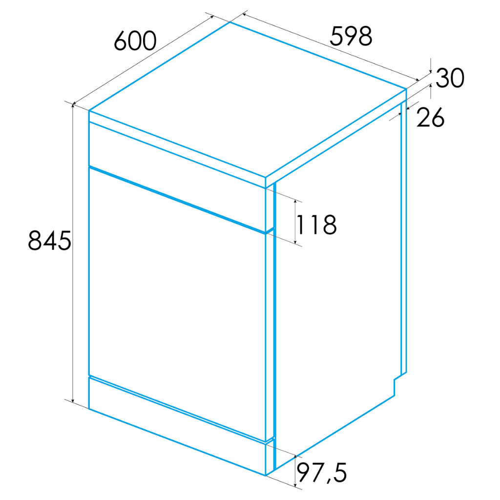 Dibujo técnico de un electrodoméstico con dimensiones en milímetros.