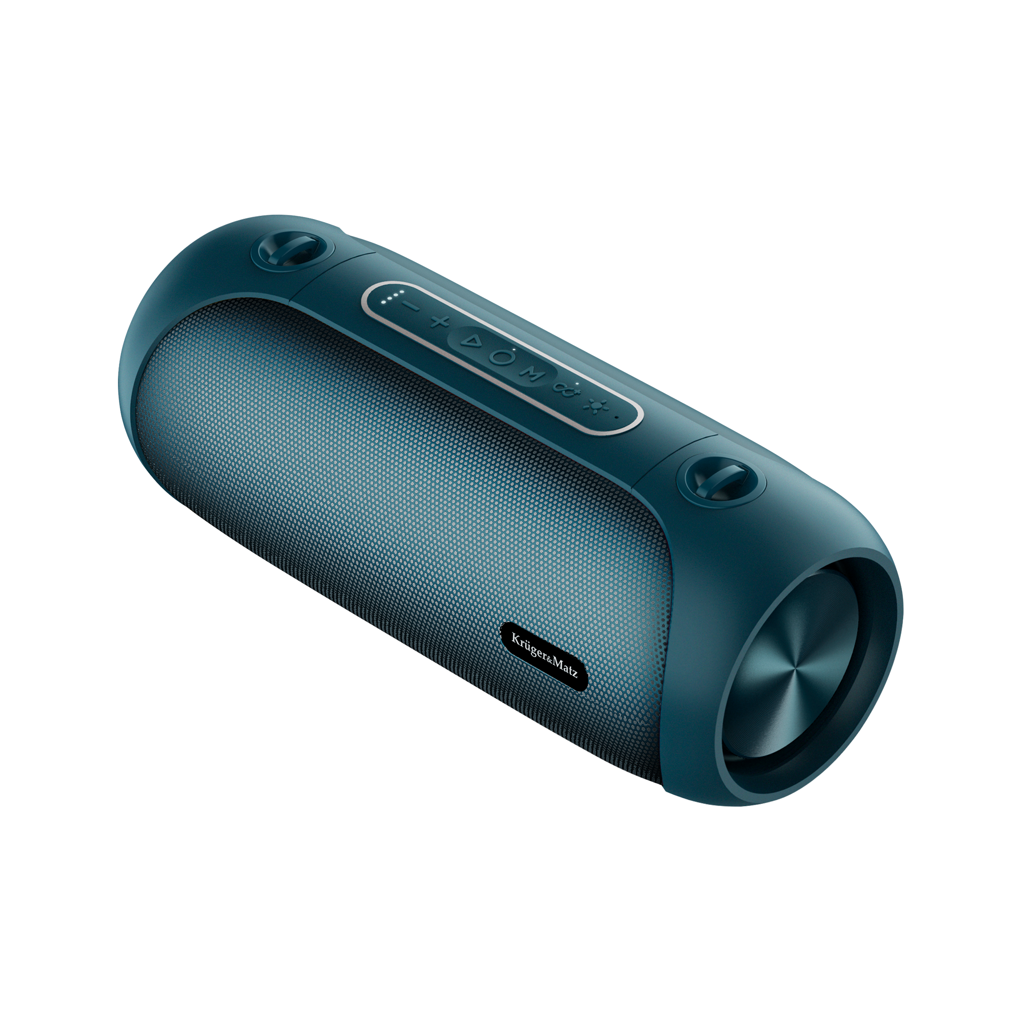 Niebieski cylindryczny głośnik Bluetooth z przyciskami i logo Kruger&Matz na czarnym tle.
