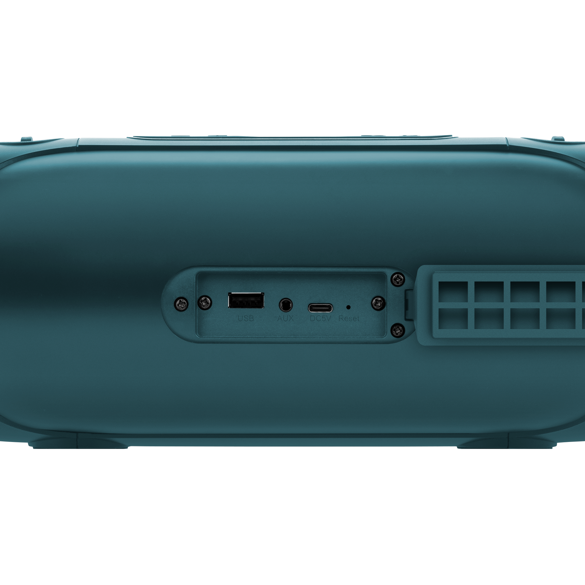 Tylny panel turkusowego głośnika przenośnego z portami USB, AUX, DC5V i resetu.