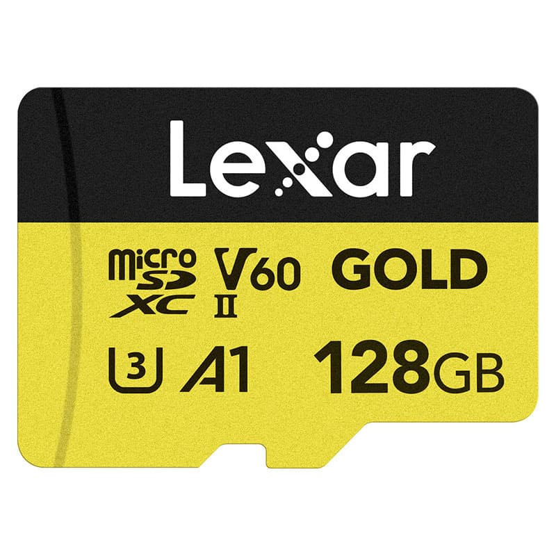 Tarjeta de memoria MicroSDXC Gold Lexar de 128 GB con clasificación V60 y A1.