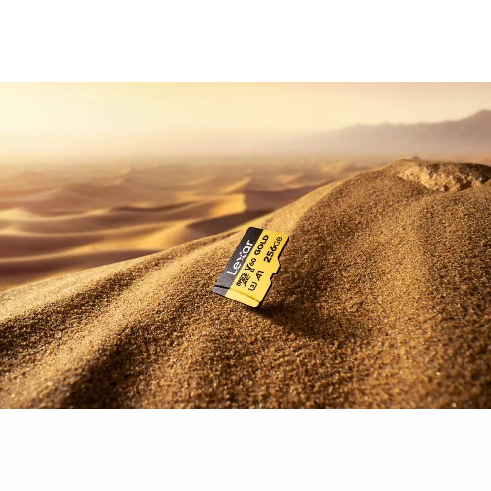 Una tarjeta microSD Lexar de 256 GB amarilla y negra se encuentra en las dunas de arena de un desierto.