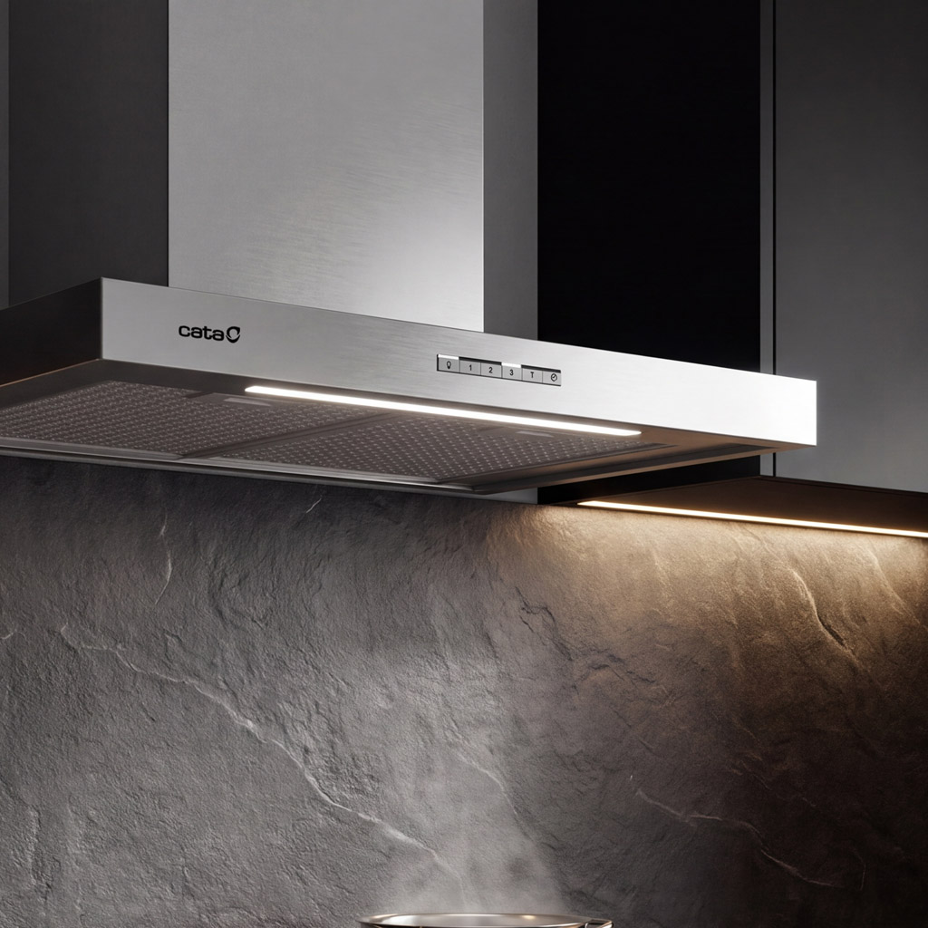 Una moderna campana extractora de acero inoxidable con iluminación integrada sobre una pared de piedra oscura.