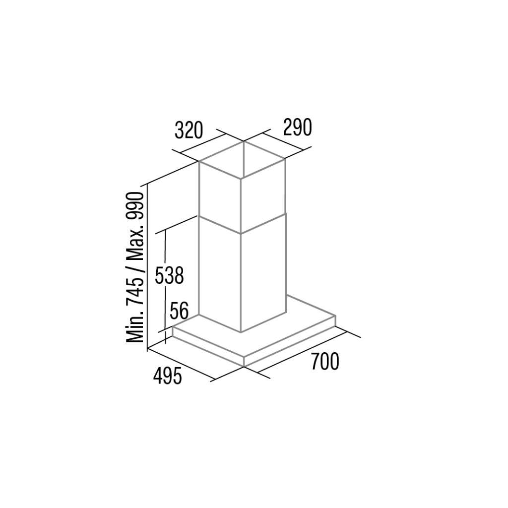 Dibujo técnico de una campana extractora con dimensiones en mm.