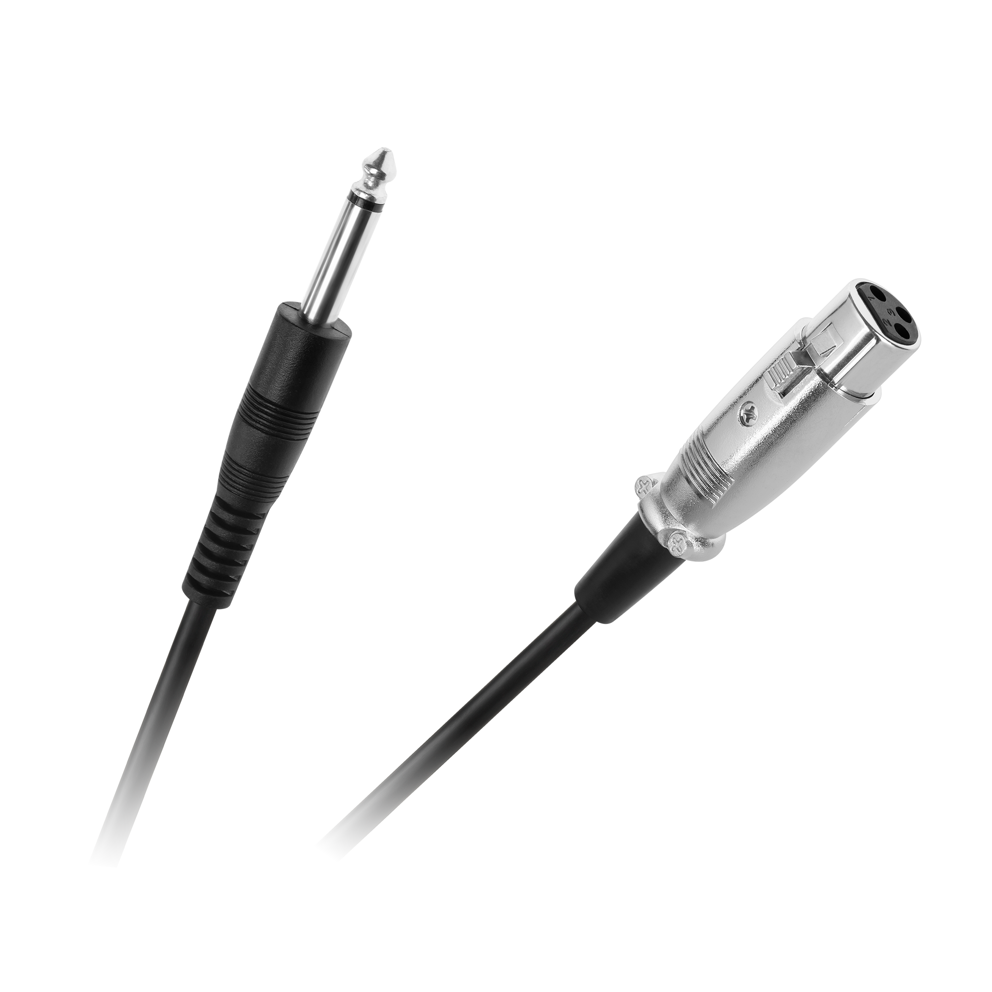 Wtyk jack 6,3 mm po lewej i złącze XLR po prawej z czarnymi kablami na czarnym tle.