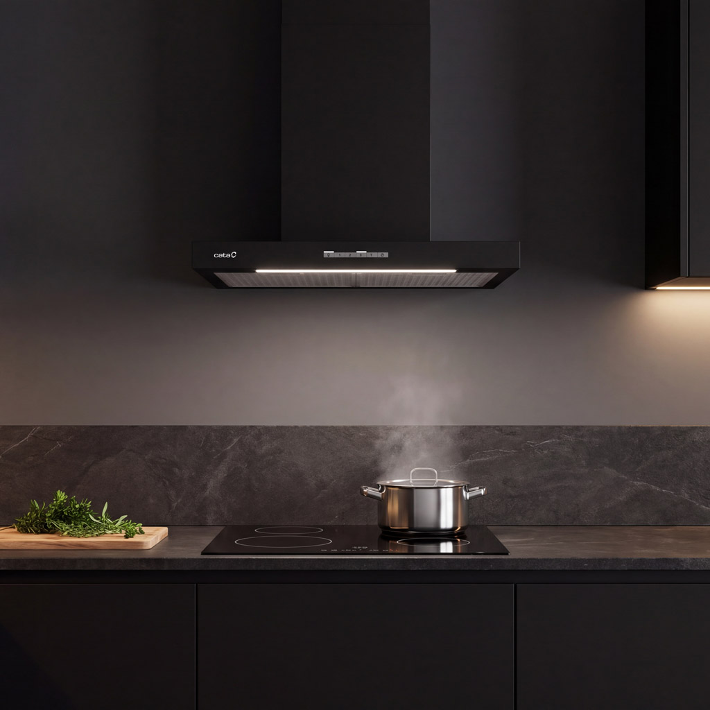 Moderna cocina negra con campana extractora, placa de inducción, olla humeante y hierbas frescas.