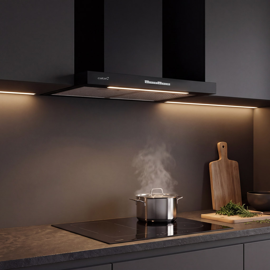 Cocina moderna con campana extractora negra sobre placa con olla humeante y tabla de cortar.