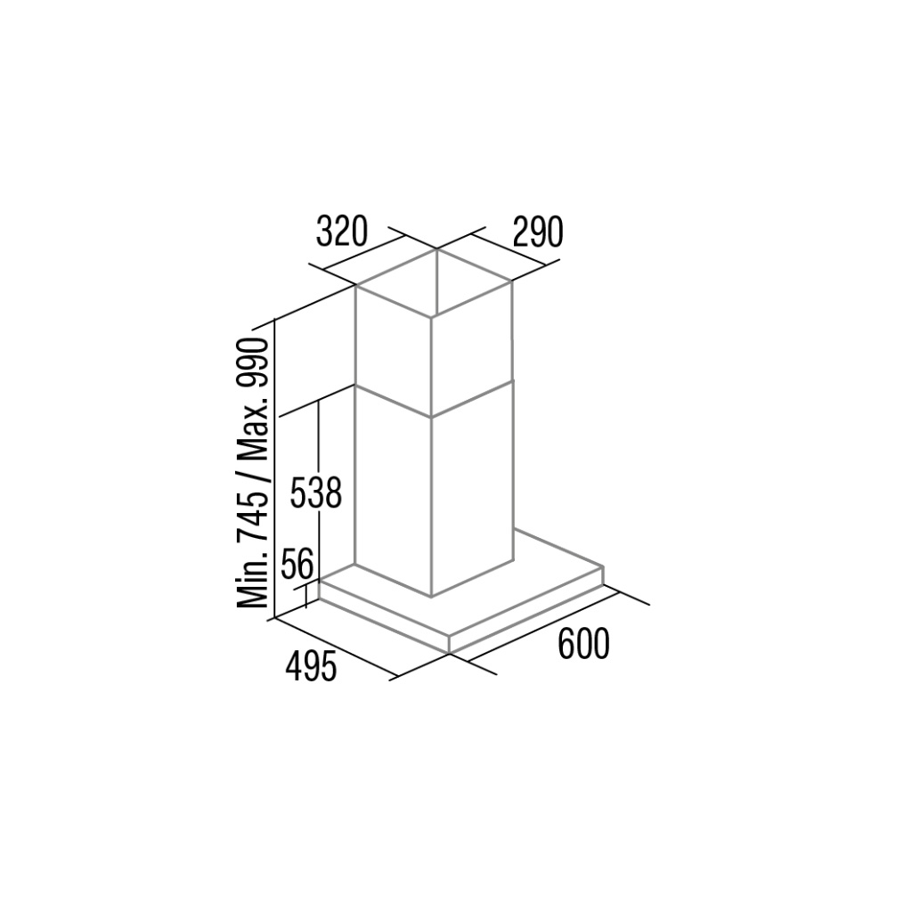 Dibujo técnico de una campana extractora con dimensiones en milímetros.