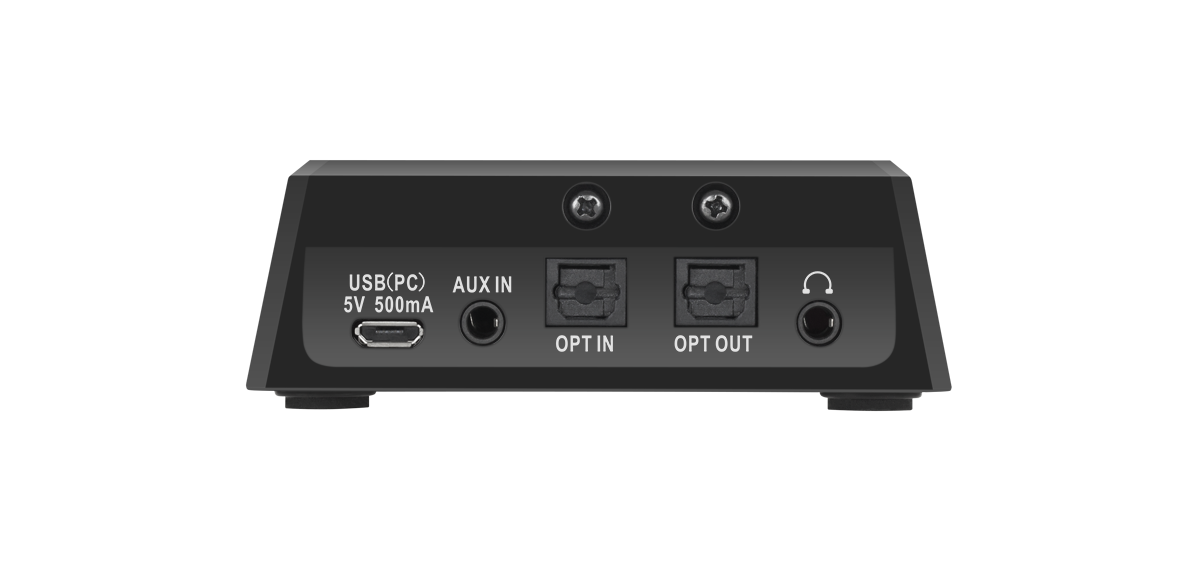 Tylny panel czarnego urządzenia audio z portami USB, AUX, optycznymi wejściami/wyjściami i słuchawkami.