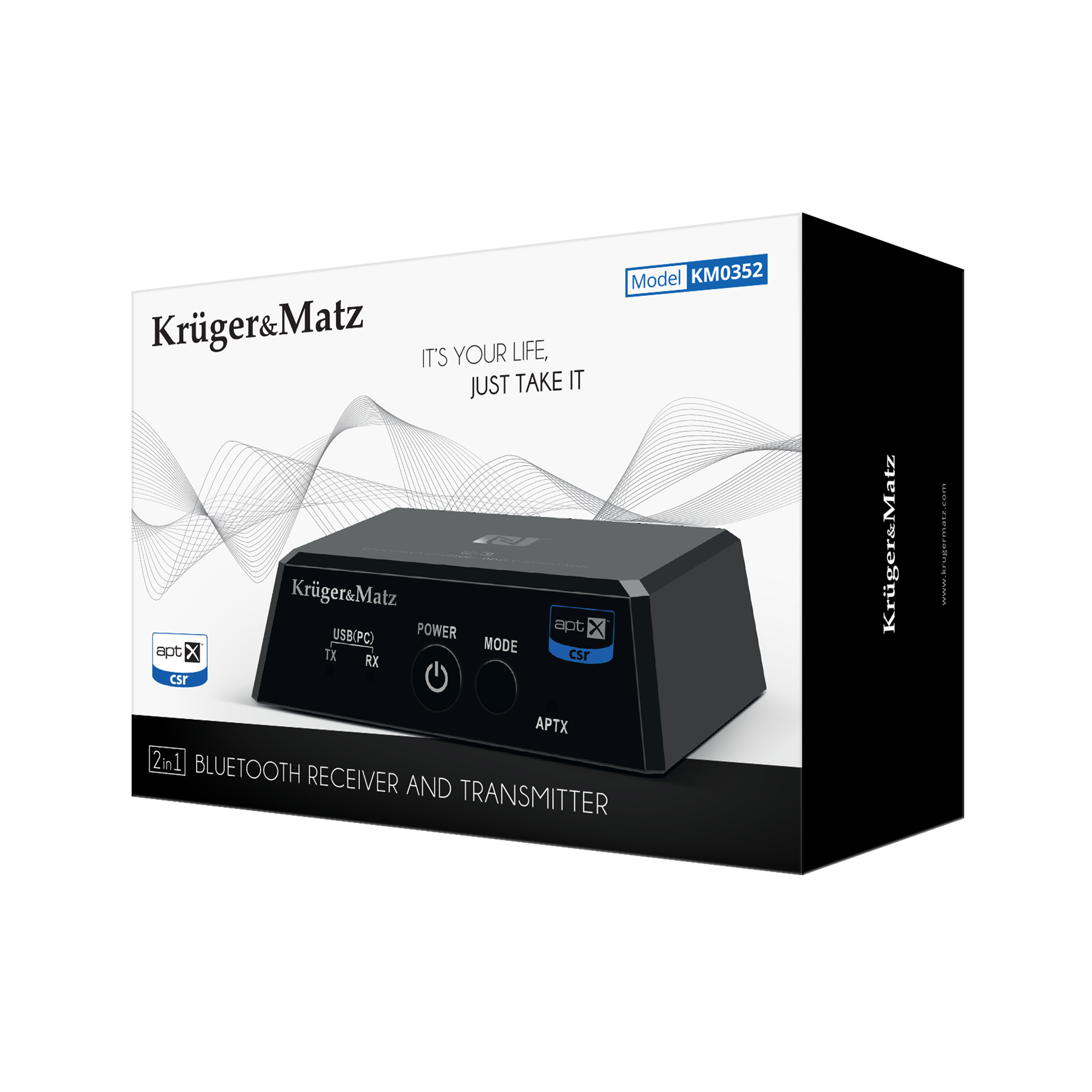 Opakowanie produktu odbiornika i nadajnika Bluetooth Krüger&Matz model KM0352 na czarnym tle.