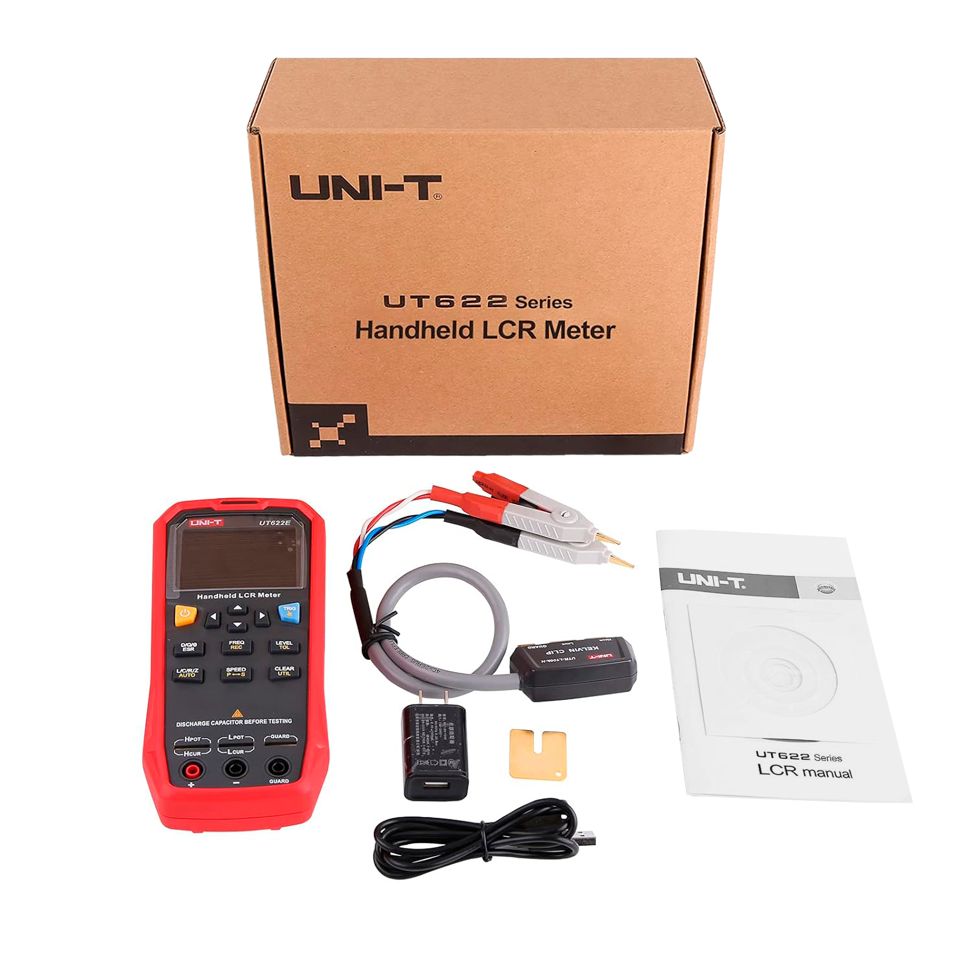 Przenośny miernik LCR UNI-T UT622 z pudełkiem, przewodami pomiarowymi, zasilaczem, kablem USB i instrukcją.