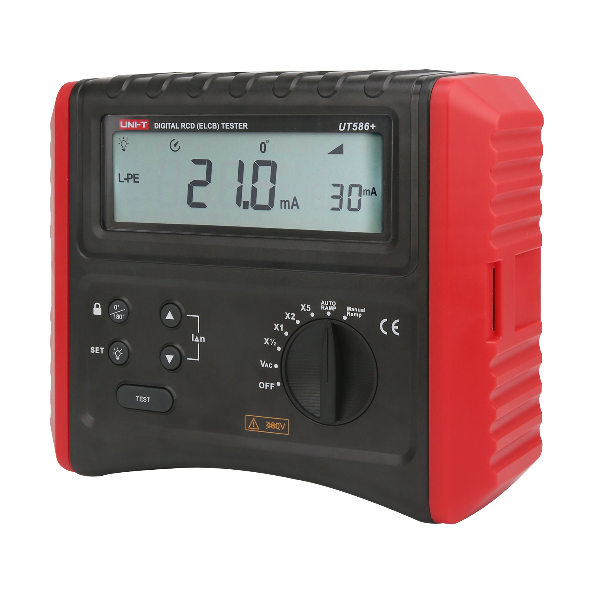 Czerwono-czarny cyfrowy tester RCD z ekranem LCD i pokrętłem na czarnym tle.