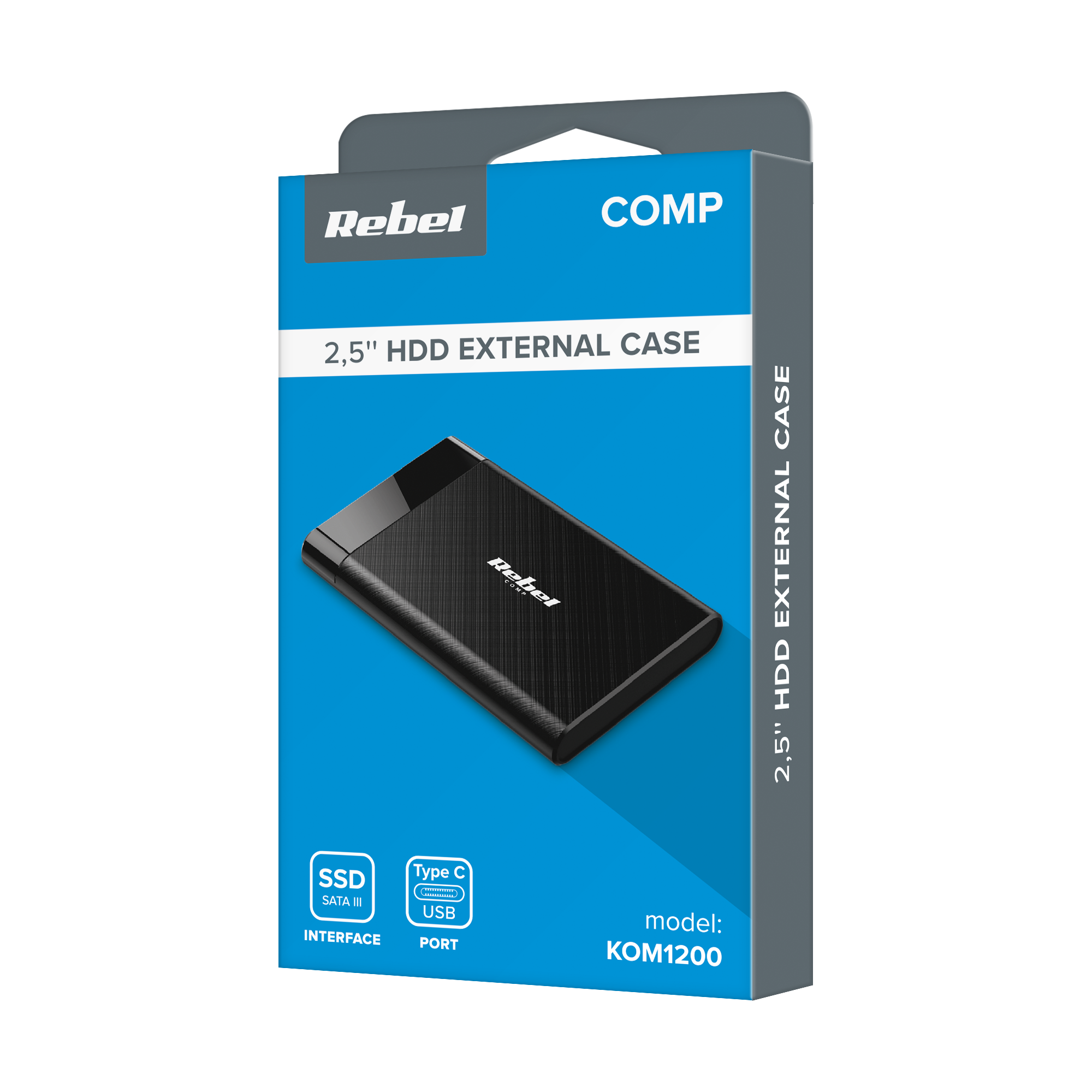 Niebieskie opakowanie produktu na obudowę dysku zewnętrznego SATA SSD 2,5 cala Rebel Comp z portem USB-C.