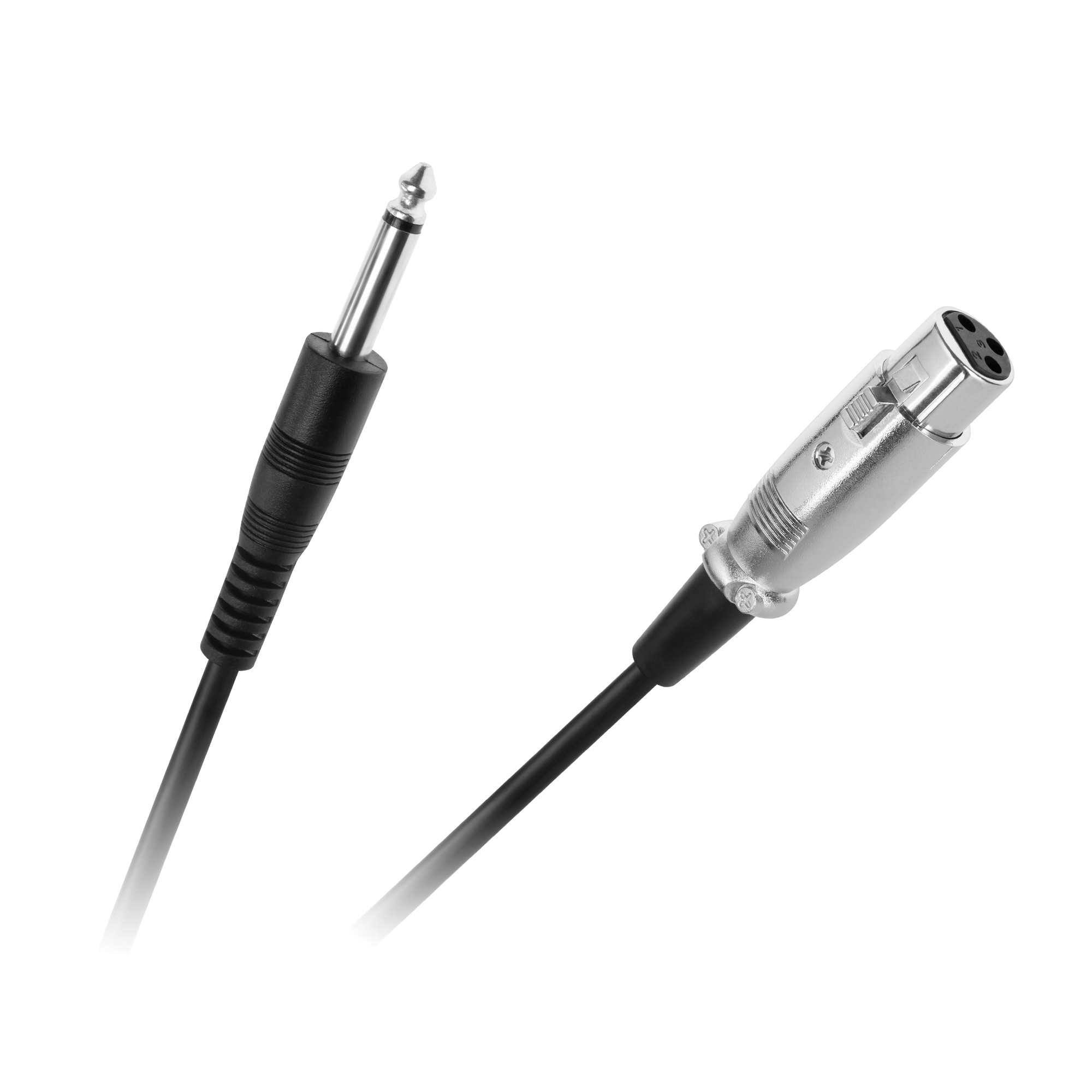 Wtyk jack 6,3 mm po lewej i złącze XLR po prawej na czarnych kablach na czarnym tle.