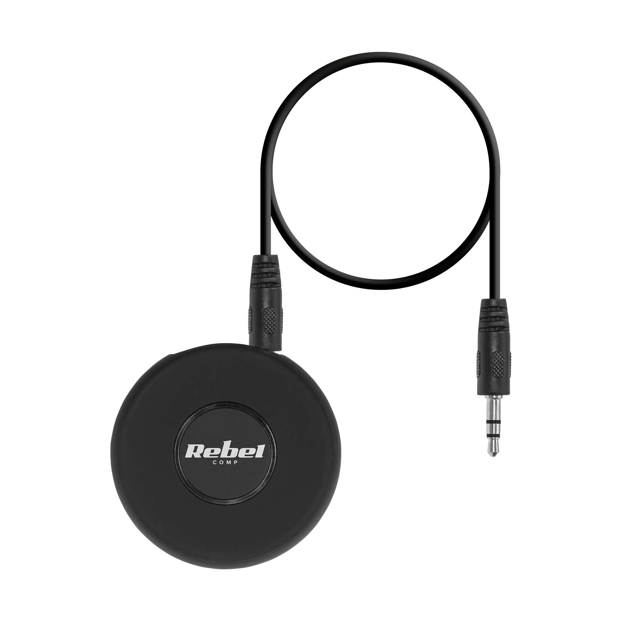 Czarne, okrągłe urządzenie audio Rebel Comp z kablem i wtykiem jack 3,5 mm na czarnym tle.