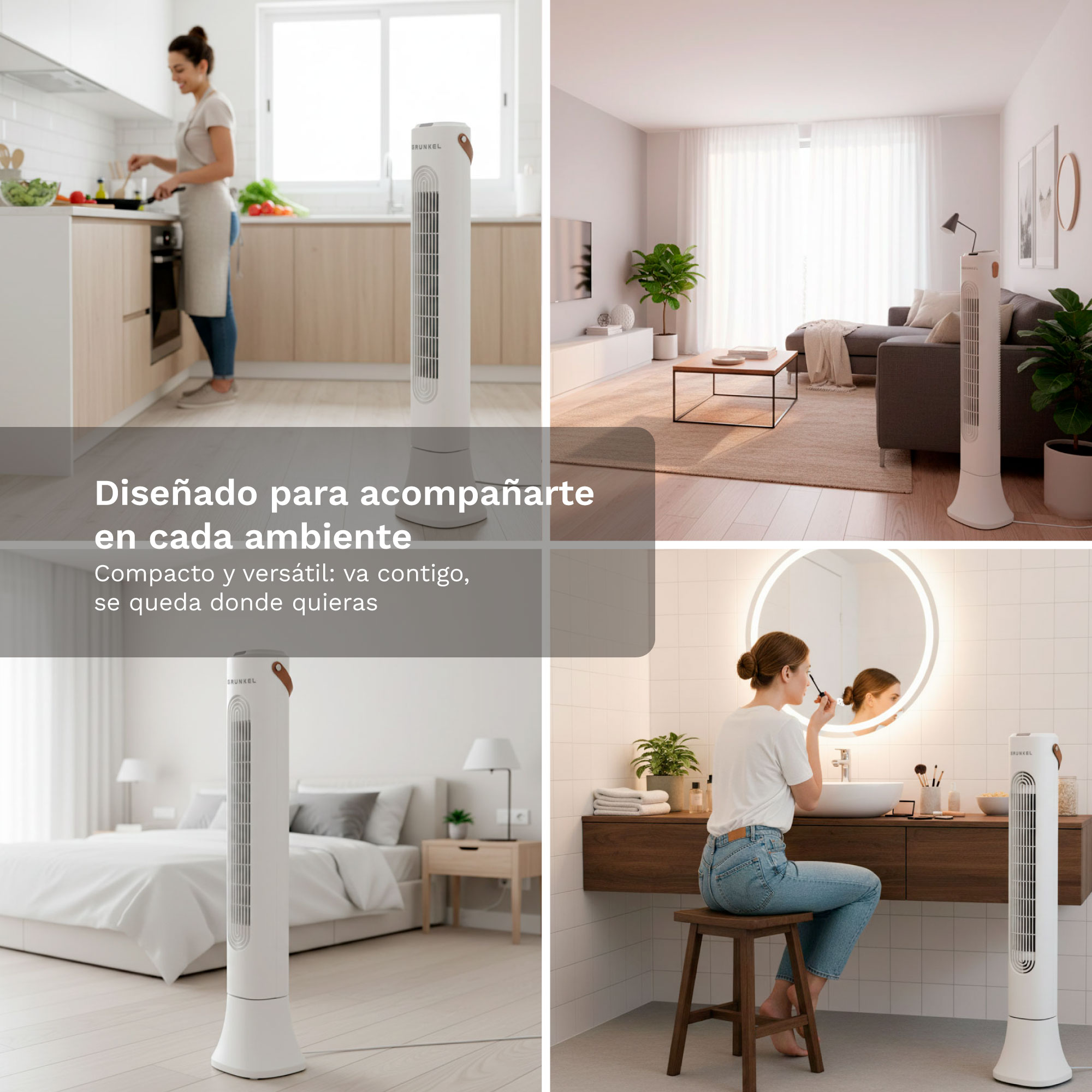 Un ventilador de torre blanco colocado en diferentes ambientes del hogar como cocina, sala, dormitorio y baño.