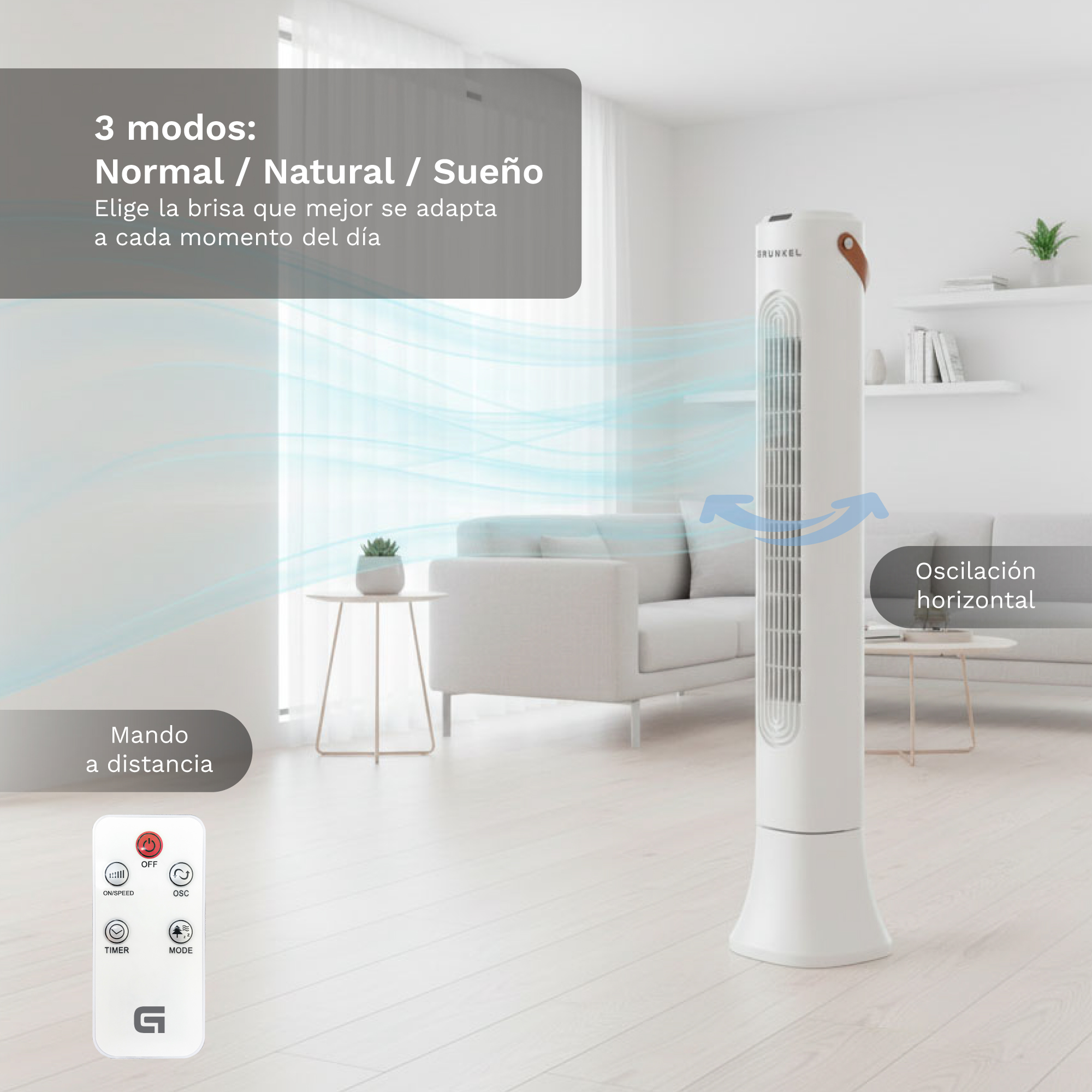 Ventilador de torre blanco con mando y líneas de viento en salón moderno.