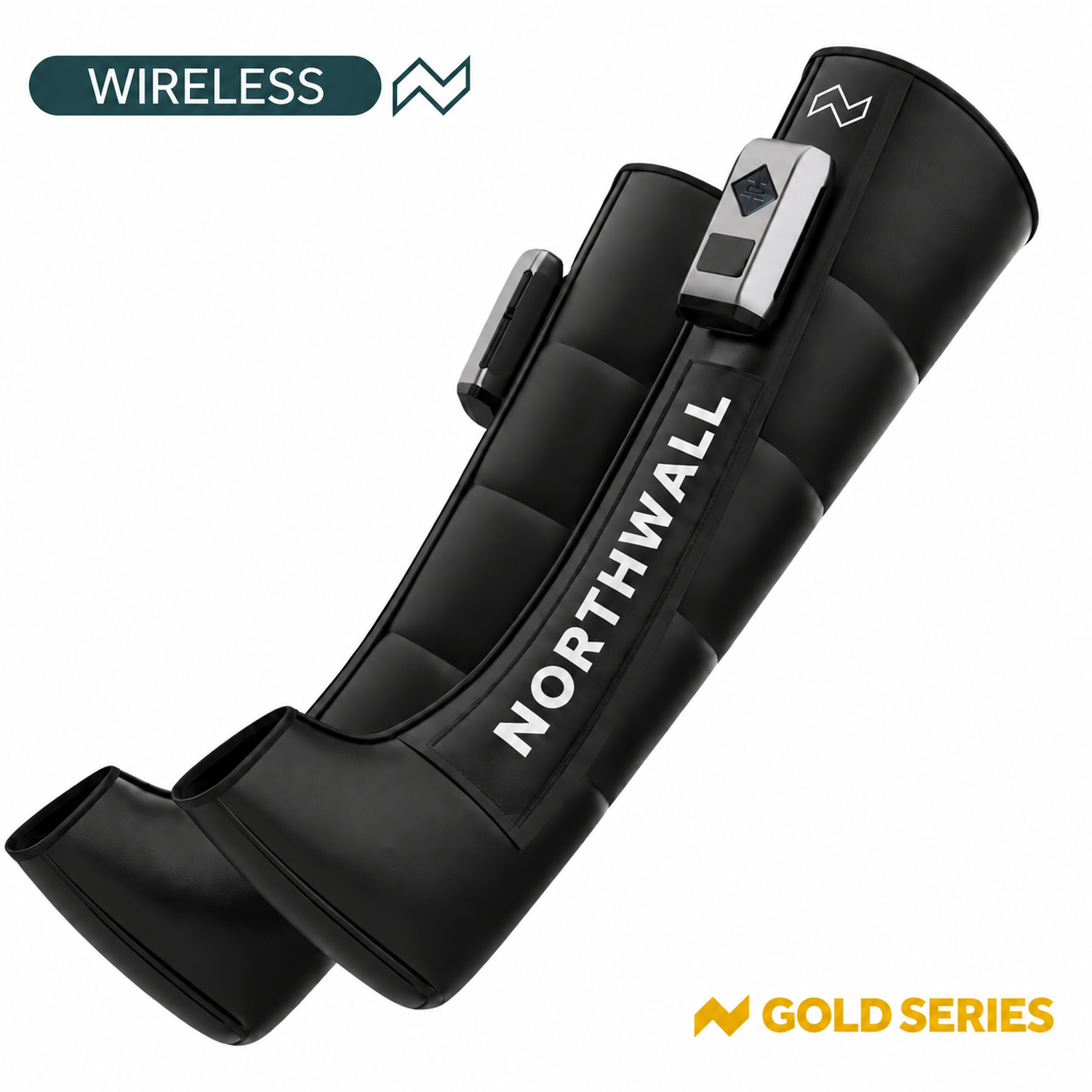 Bottes de compression sans fil noires Northwall Gold Series sur fond blanc.