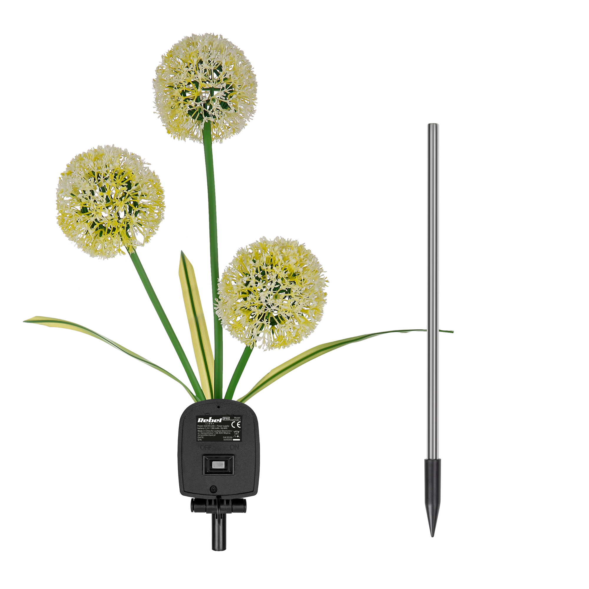 Solarna lampa ogrodowa z trzema żółtymi g łówkami kwiatów allium, zielonymi łodygami i osobnym szpikulcem.