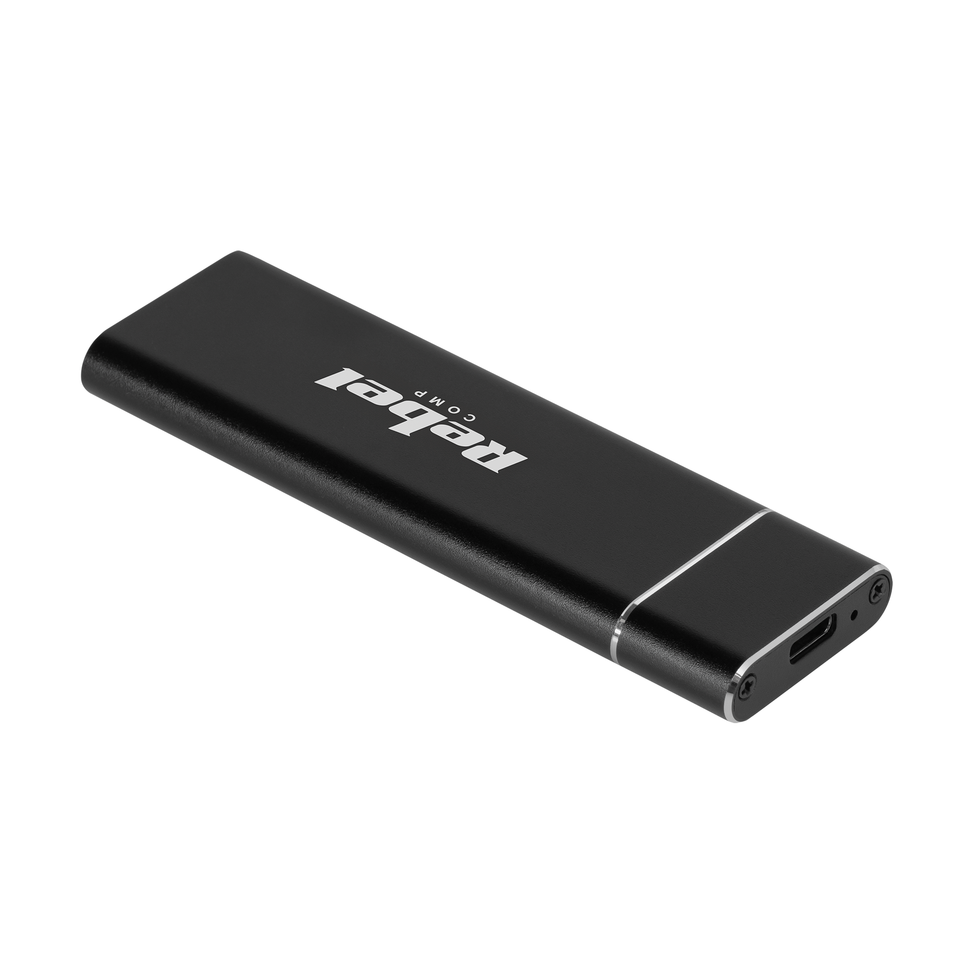 Czarny, podłużny dysk USB Rebel COMP ze srebrnym portem na czarnym tle.