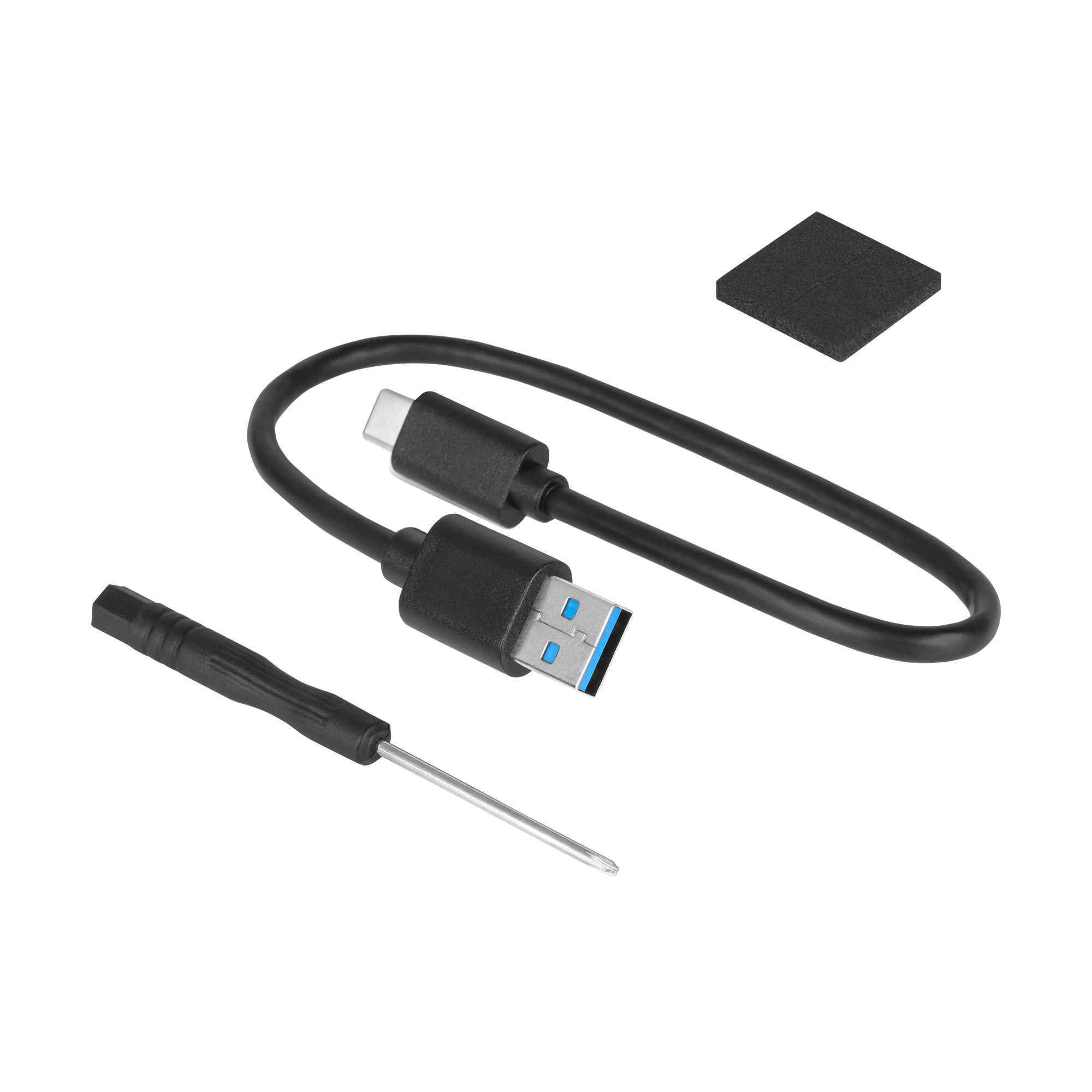 Czarny kabel USB, mały śrubokręt i ciemna kwadratowa podkładka na czarnym tle.