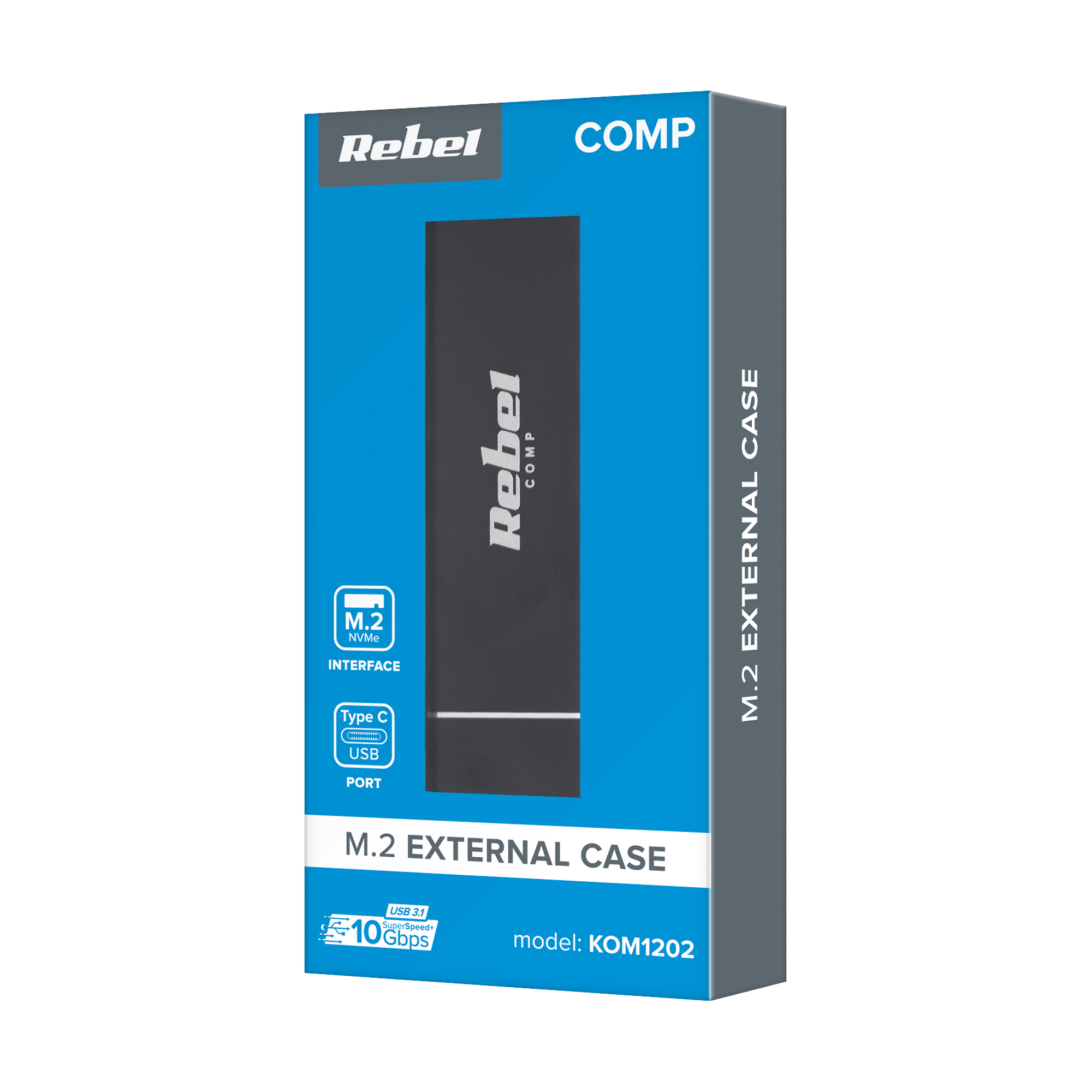 Niebieskie opakowanie produktu Rebel Comp M.2 external case z interfejsem M.2 NVMe i portem USB-C.