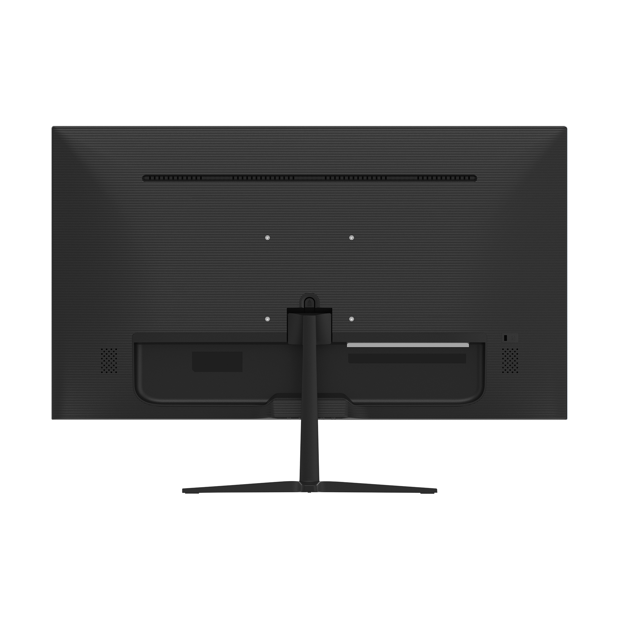 Widok z tyłu czarnego monitora z podstawką na czarnym tle.