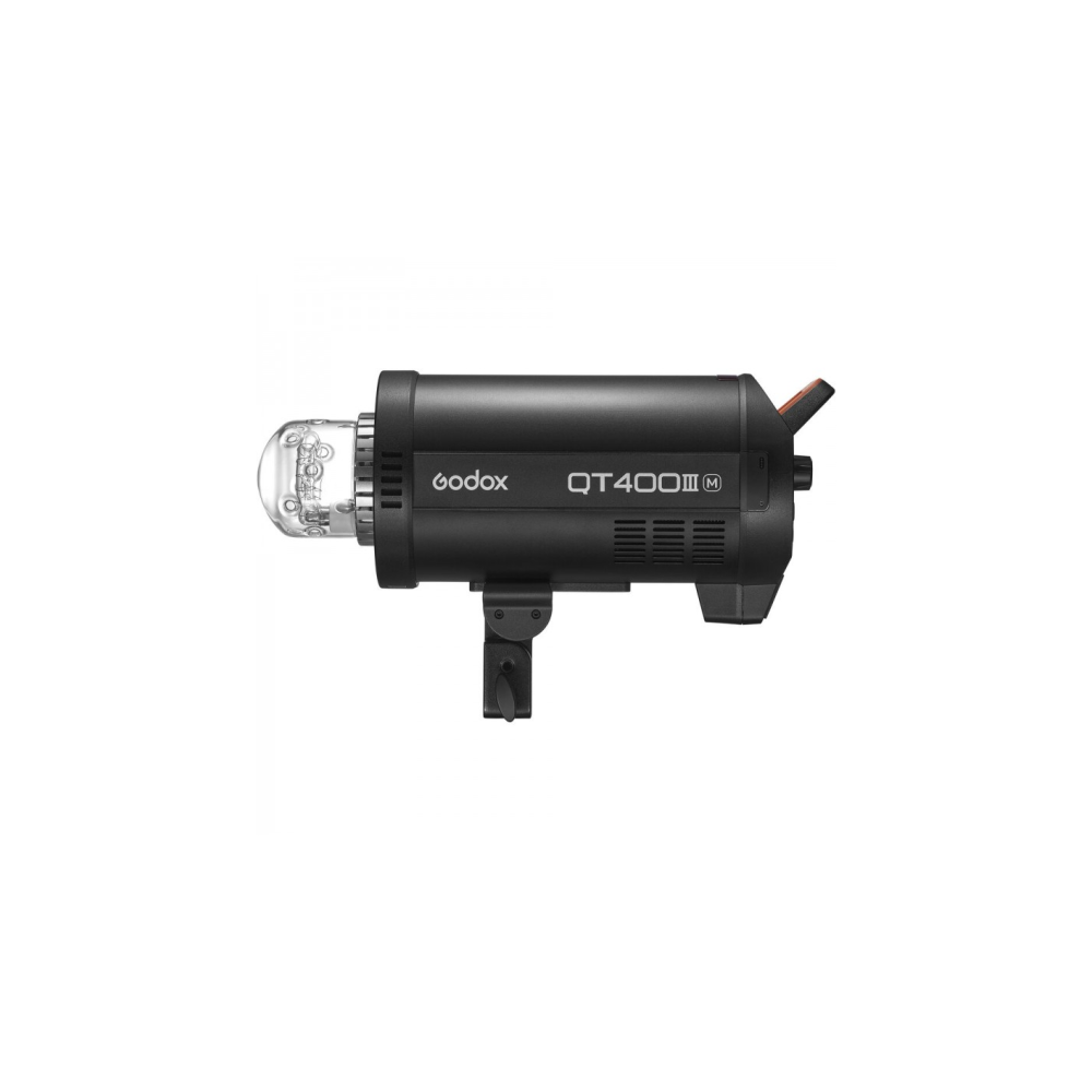 Schwarzer Godox QT400III Studioblitz mit klarer Blitzröhre auf weißem Hintergrund.