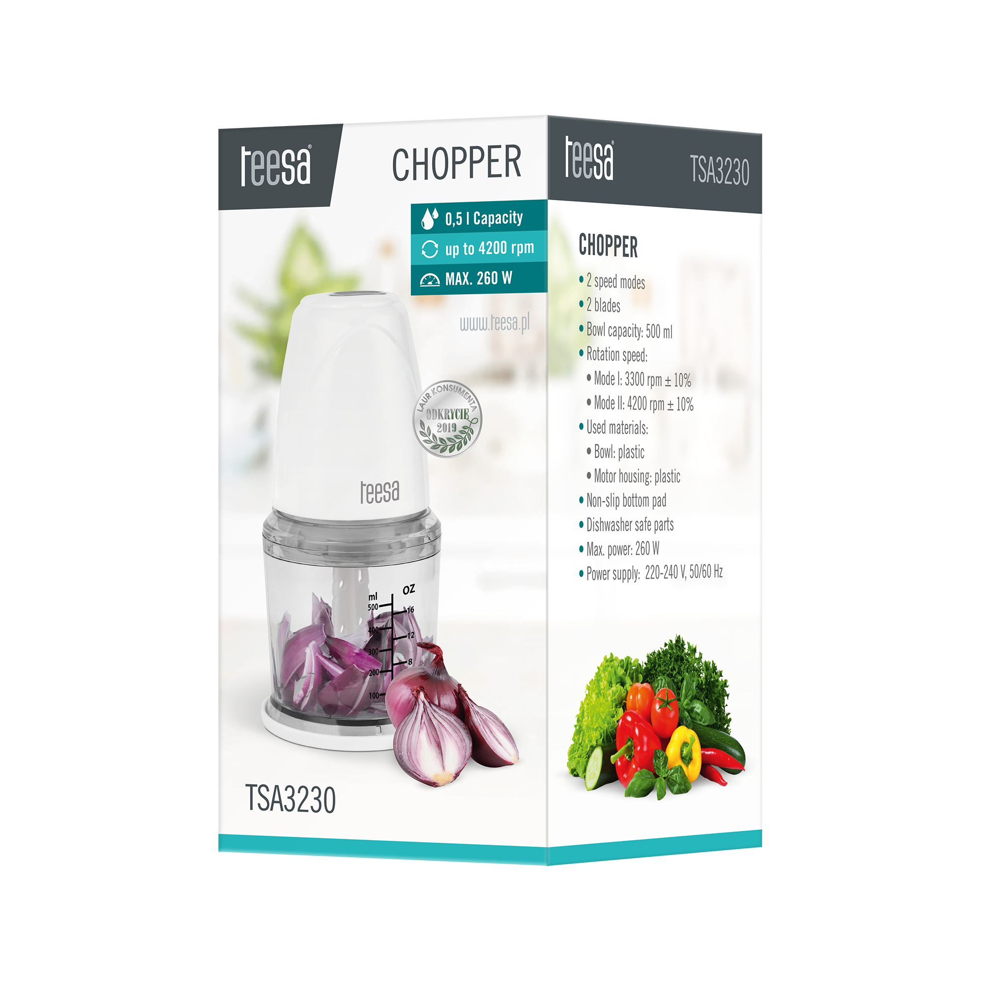 Opakowanie blendera Tresa TSA3230 ze zdjęciem produktu, specyfikacją i czerwoną cebulą.