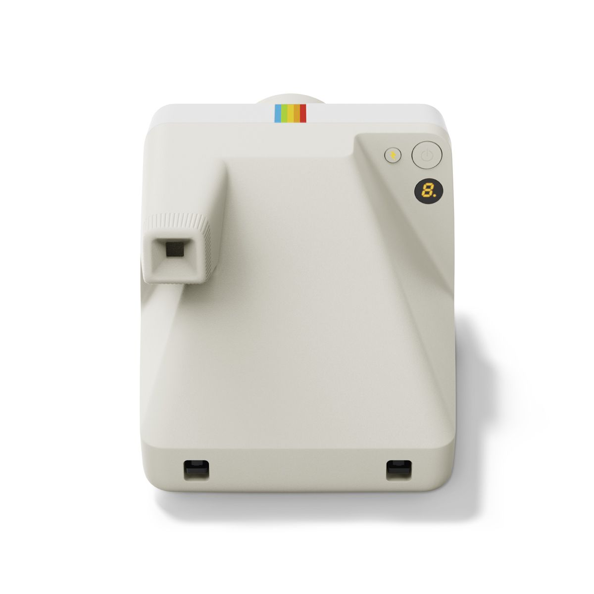 Un appareil photo instantané Polaroid beige est centré sur fond blanc, avec un viseur et un écran numérique.