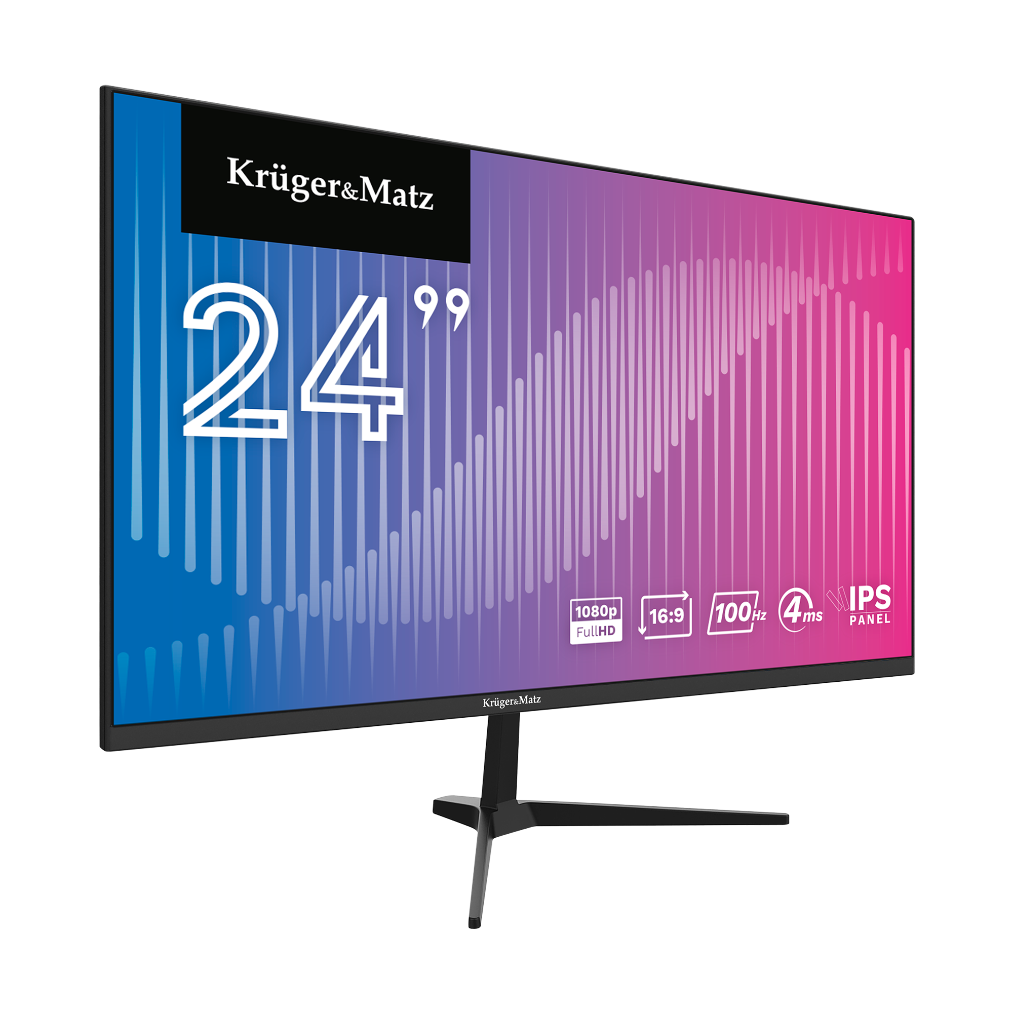 Monitor Krüger&Matz 24 cale z niebiesko-różowym ekranem, FHD, 100Hz i panelem IPS na czarnym tle.