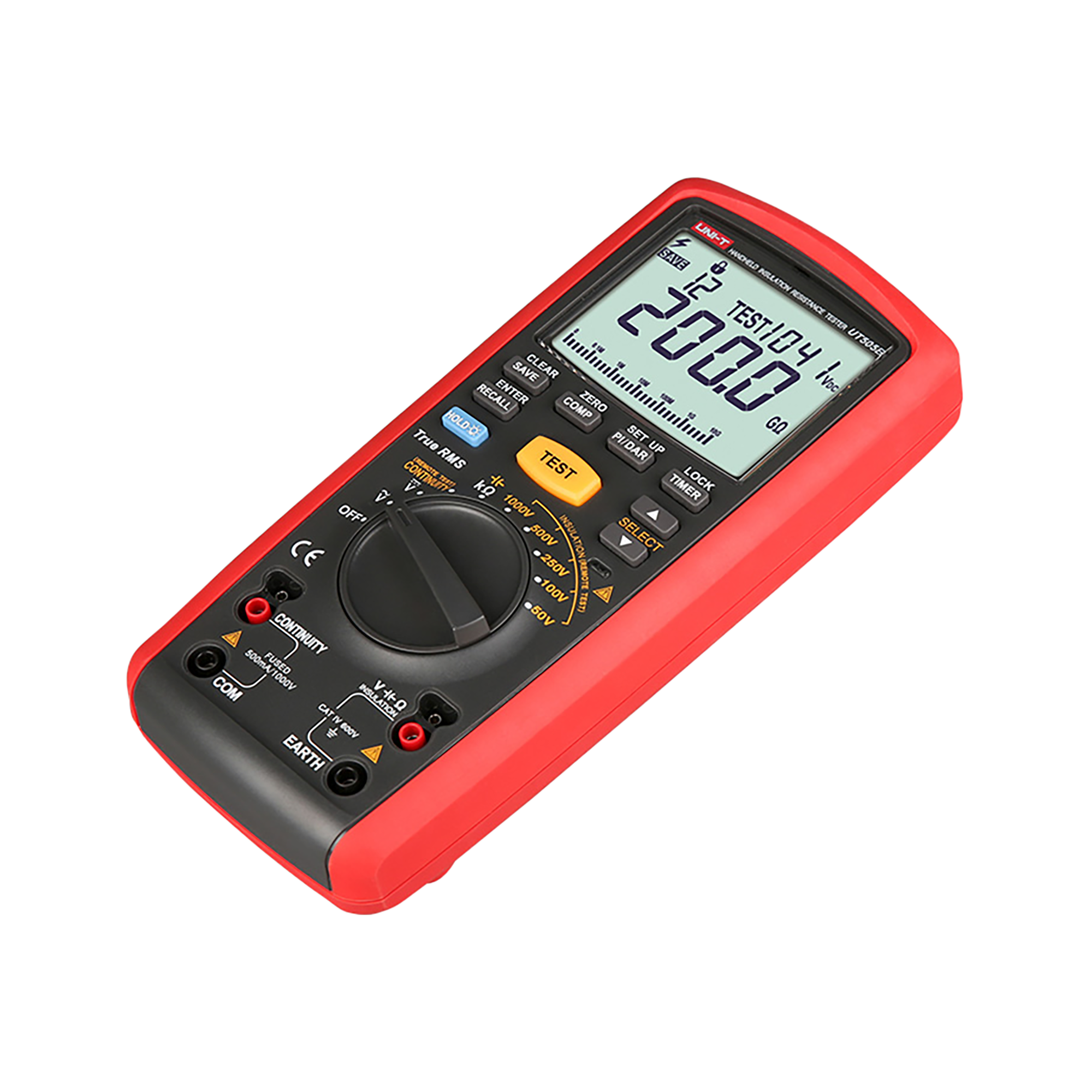 Czerwono-czarny cyfrowy tester rezystancji izolacji z ekranem LCD i przełącznikiem obrotowym na czarnym tle.