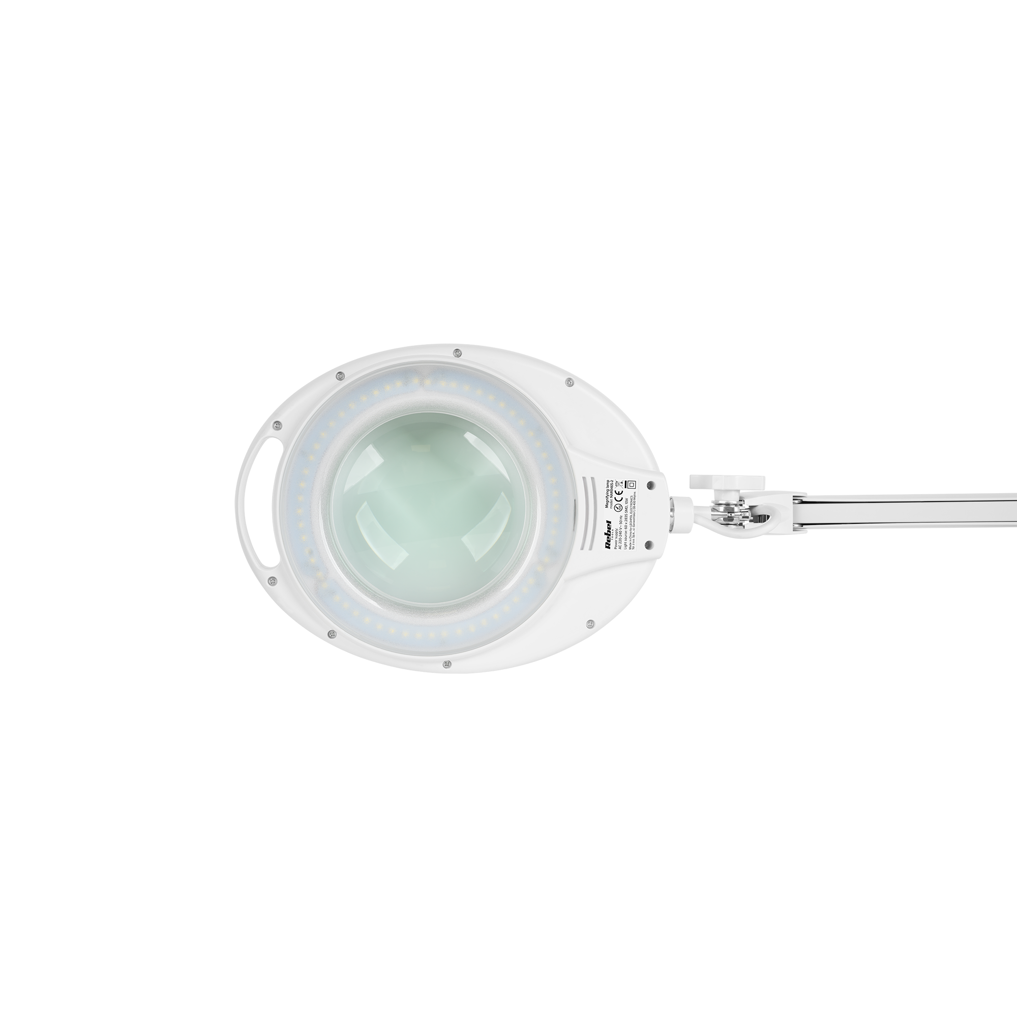 Biała lampa lupa z oświetleniem LED i ramieniem przegubowym na czarnym tle.