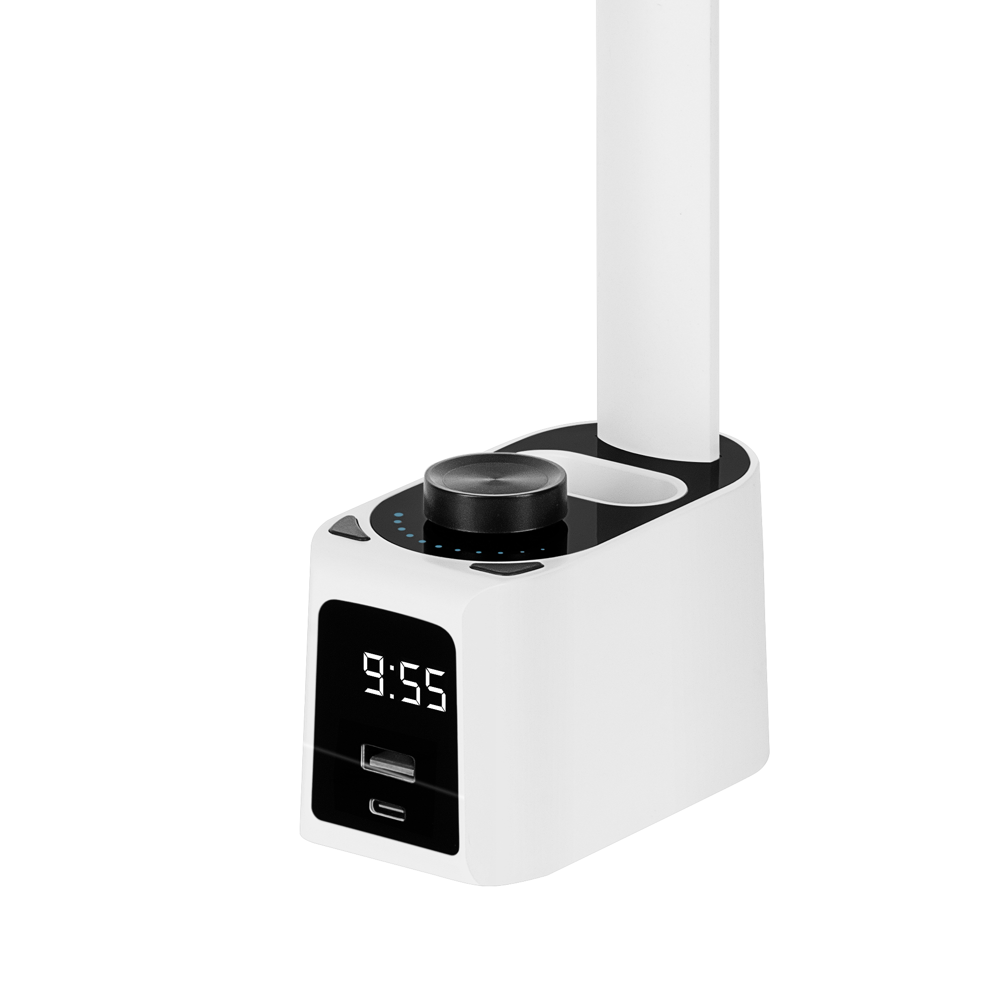 Biała lampka biurkowa z czarnym pokrętłem, zegarem cyfrowym i portami USB na czarnym tle.