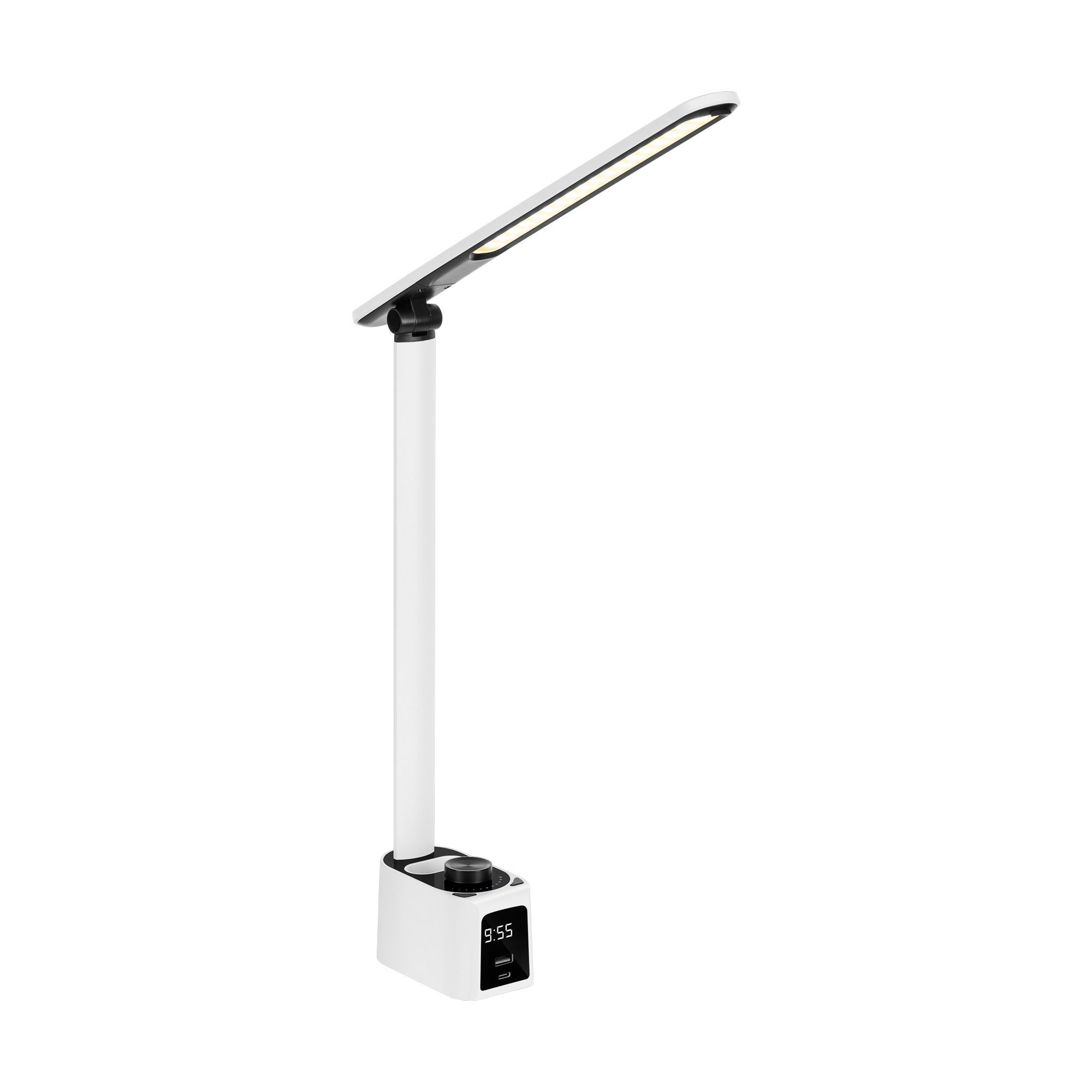 Biała lampka biurkowa z czarną podstawą, wyświetlaczem cyfrowym, pokrętłem i portami USB na czarnym tle.