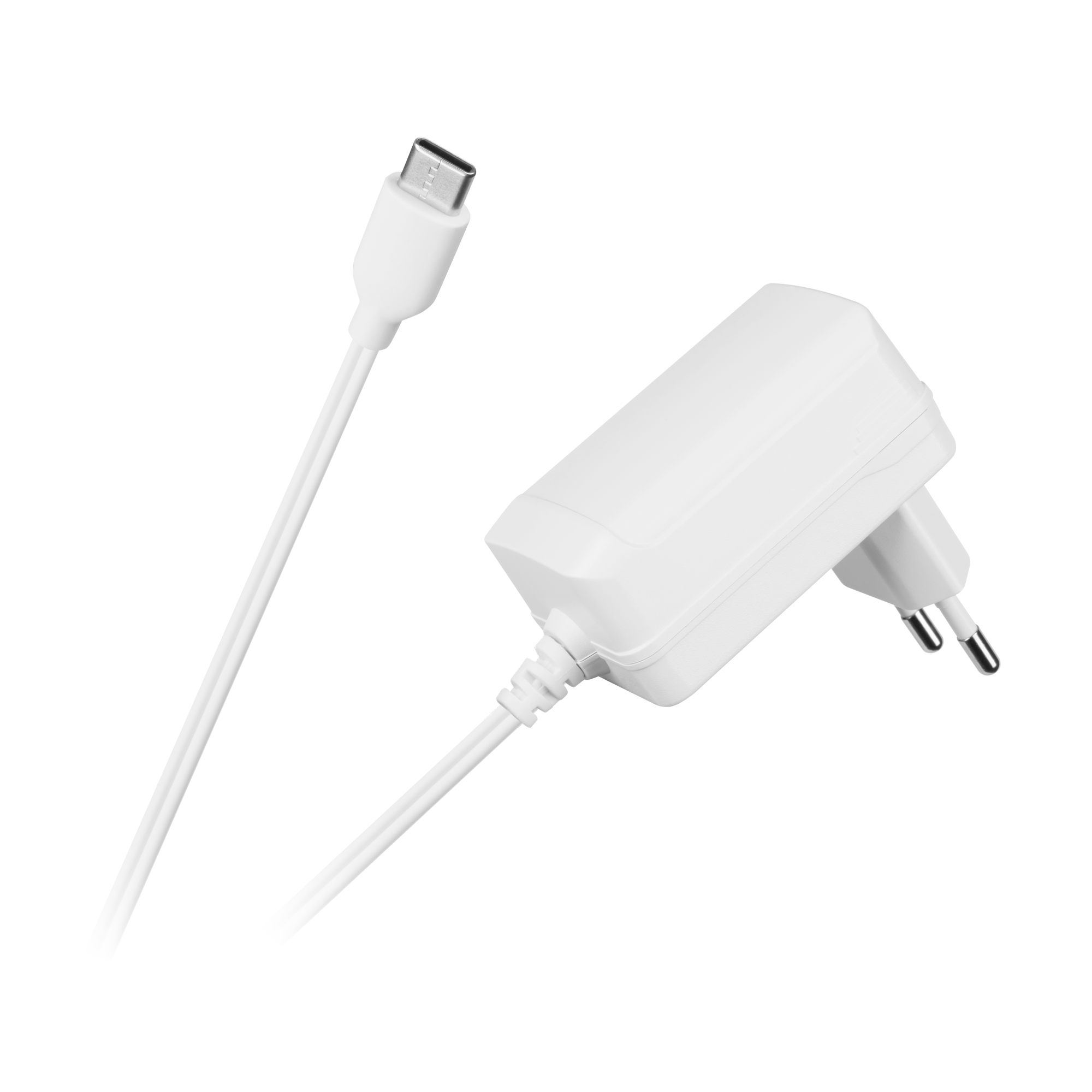 Biała ładowarka USB-C z wtyczką europejską i kablem na czarnym tle.
