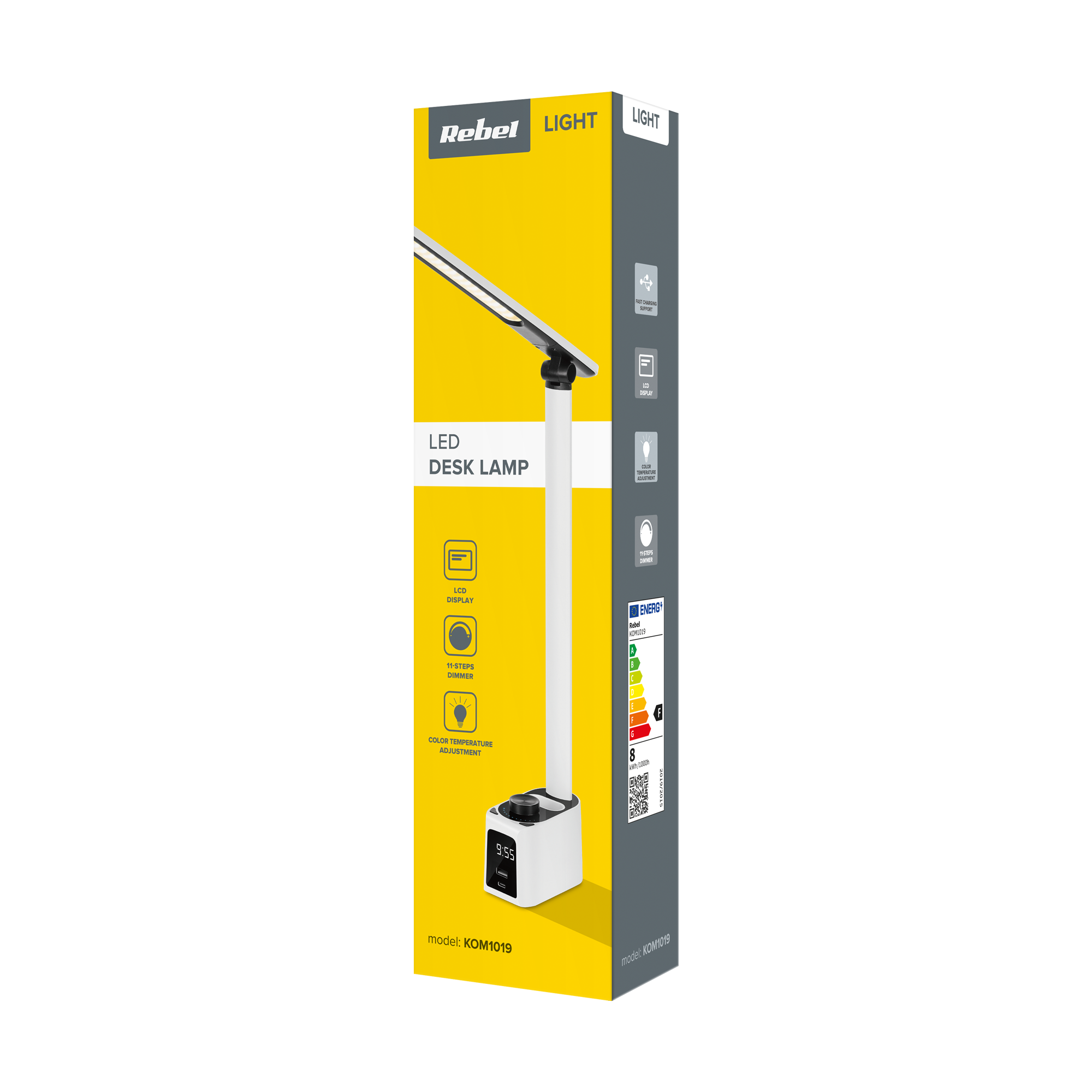 Żółte opakowanie lampki biurkowej LED Rebel ze zdjęciem produktu i ikonami.