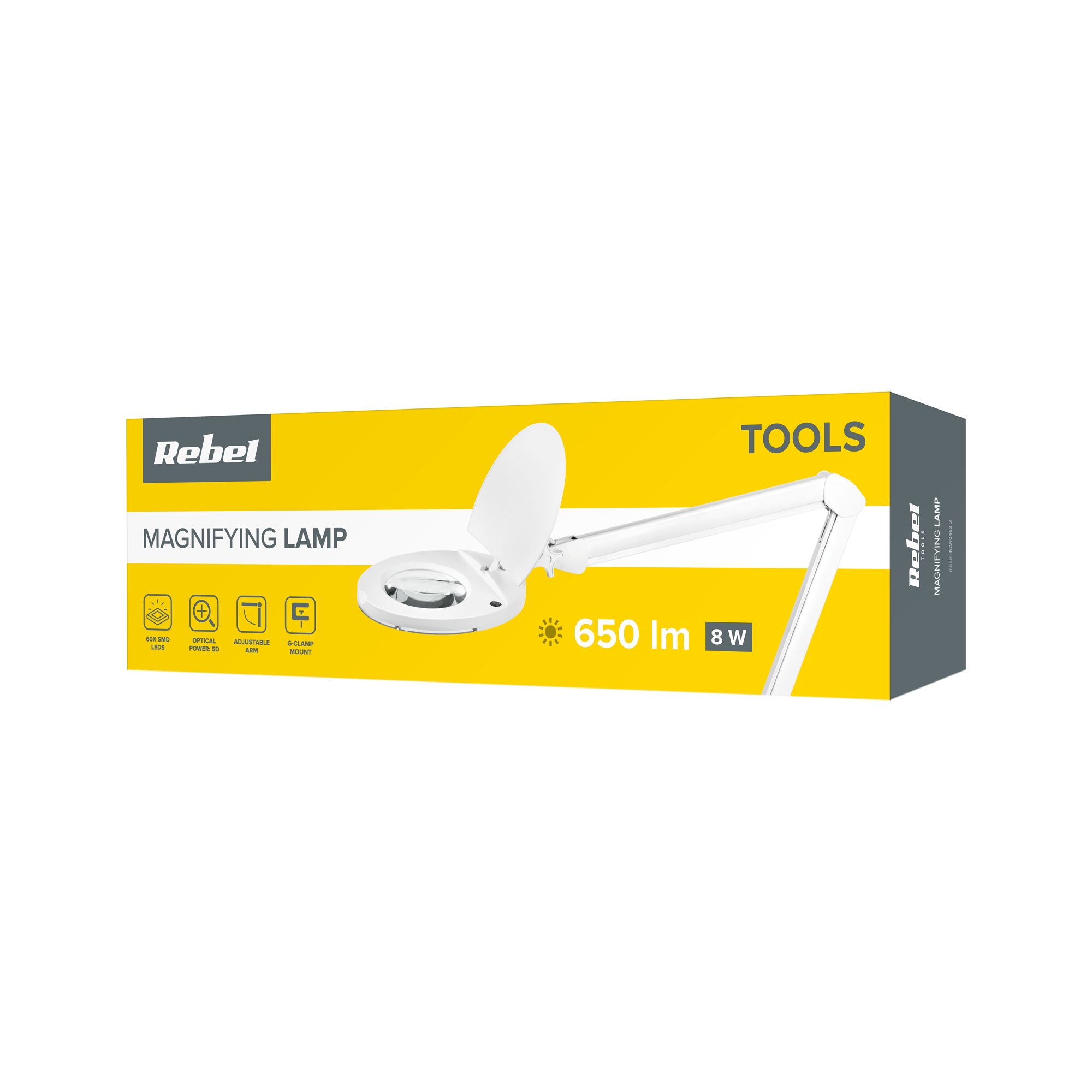 Żółto-białe opakowanie produktu lampy lupowej Rebel, prezentujące cechy takie jak 650 lm i 8 W.