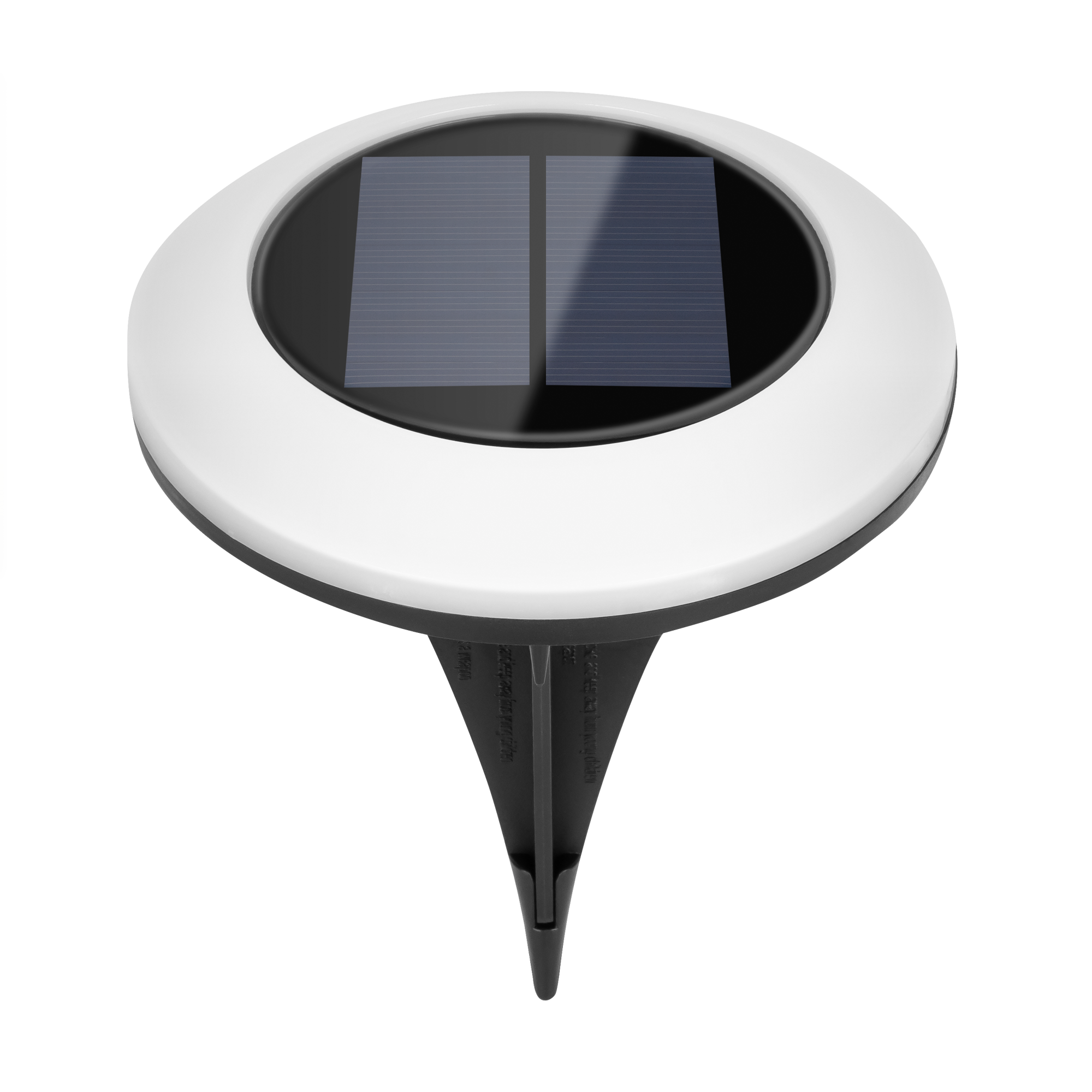 Okrągła biała solarna lampa ogrodowa z dwoma panelami i czarnym szpikulcem na czarnym tle.
